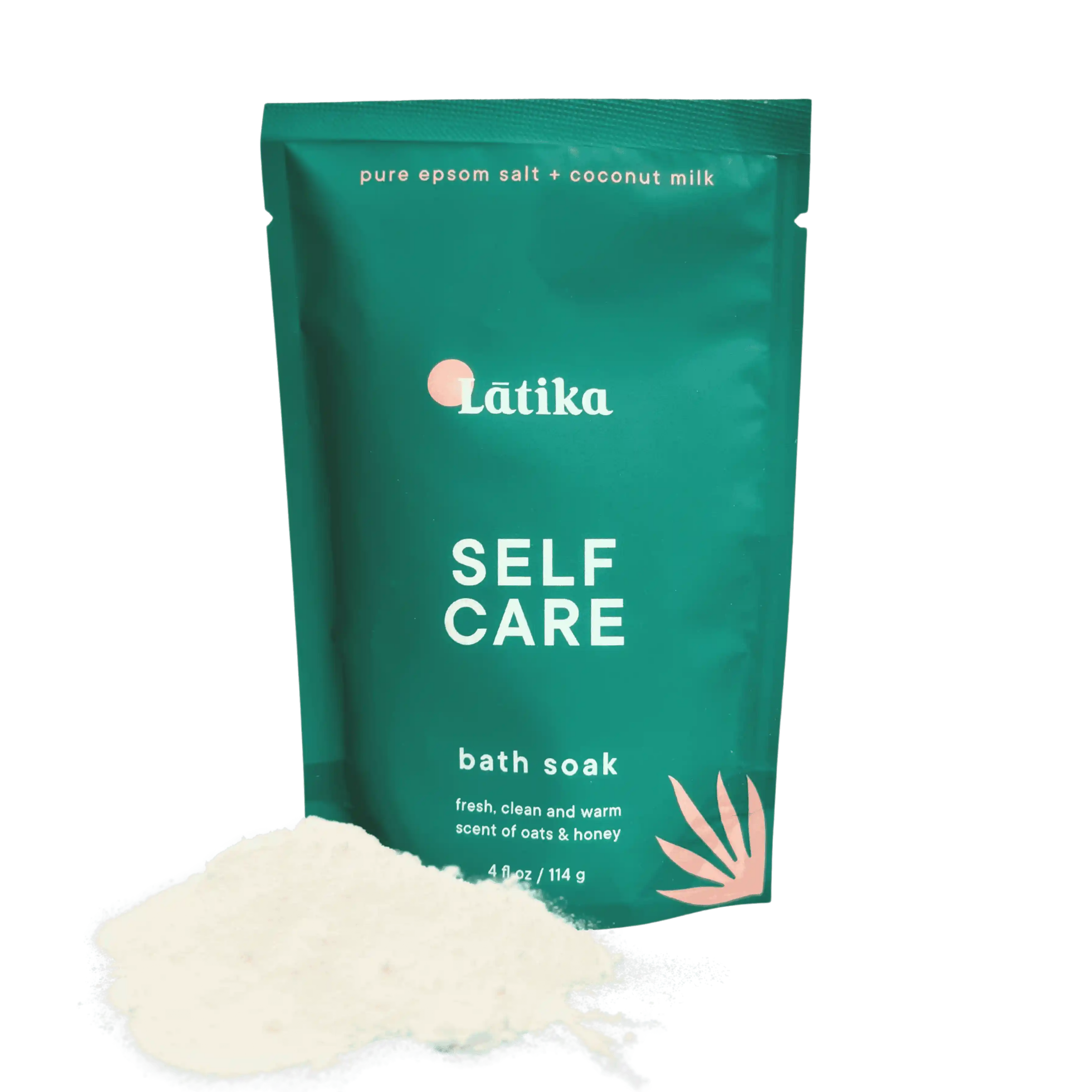 Green package of Latika Self Care bath soak with white milk bath powder and milk and honey scent