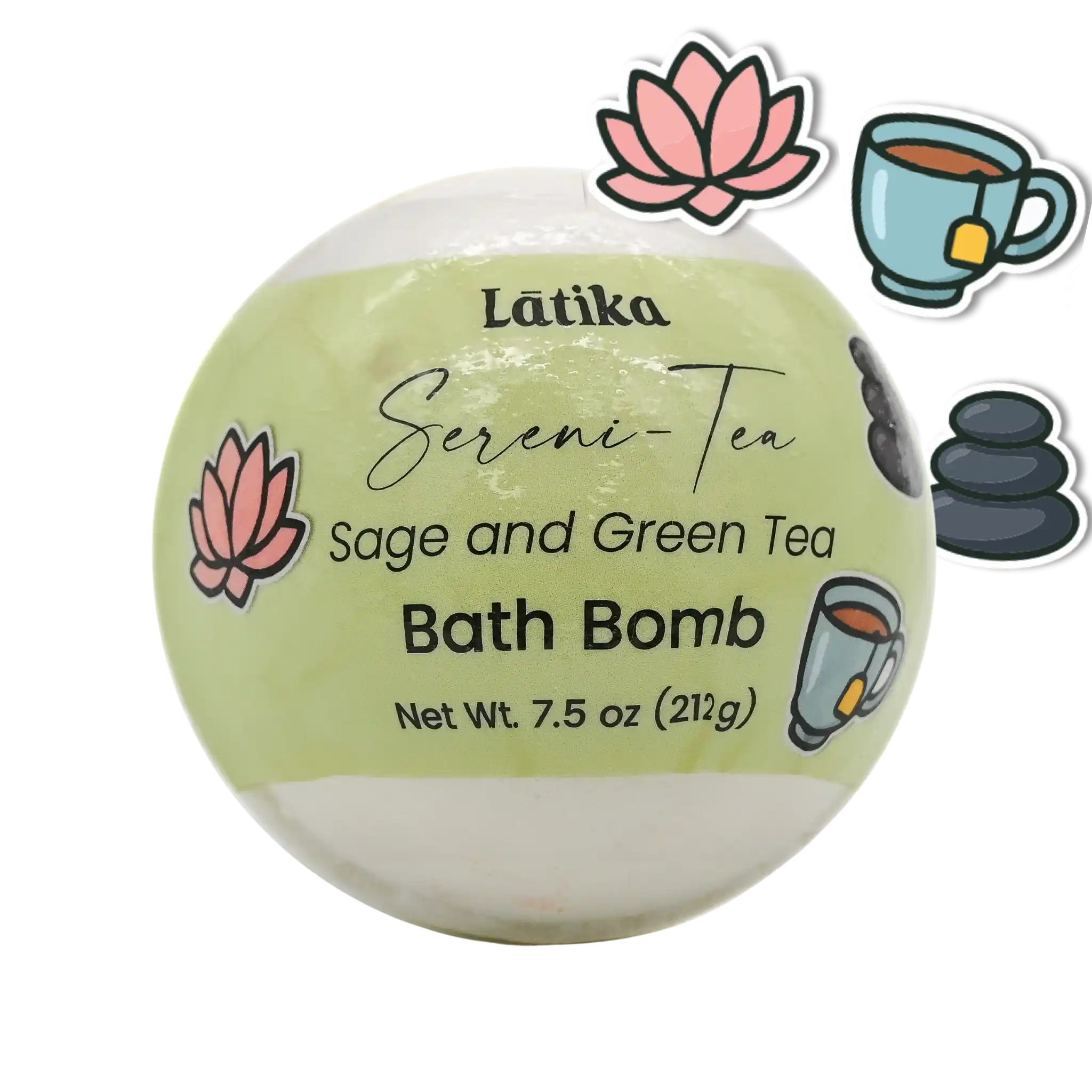 Sage and Green Tea bath bomb with Latika branding on a white background