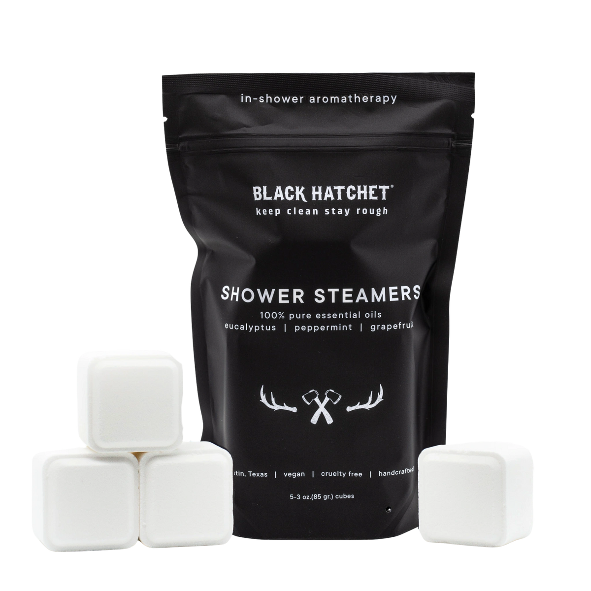 black bag of shower steamers for men, with essential oils for relaxation in the shower for men