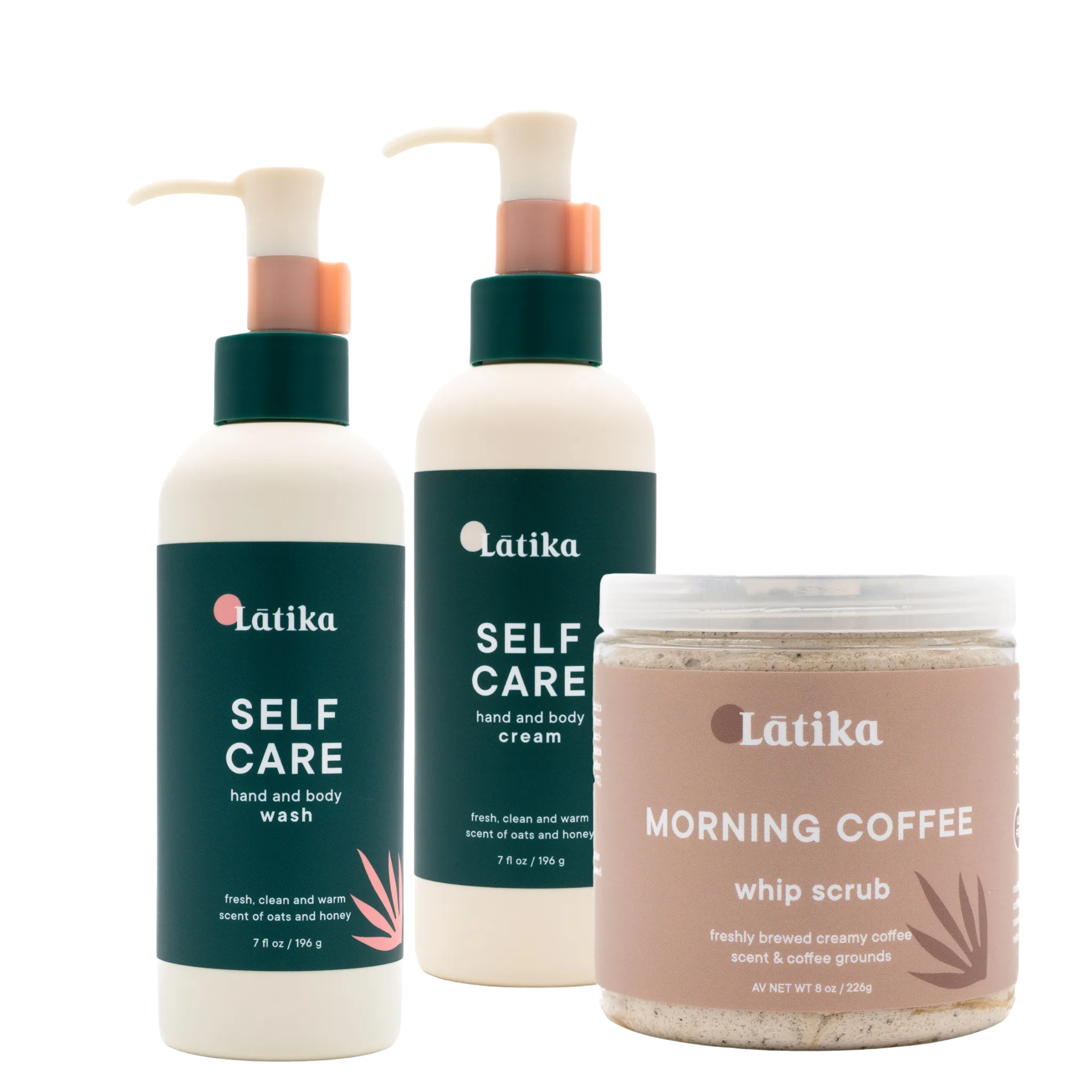 Three Latika self-care products including hand and body wash, cream, and whip scrub on a white background.