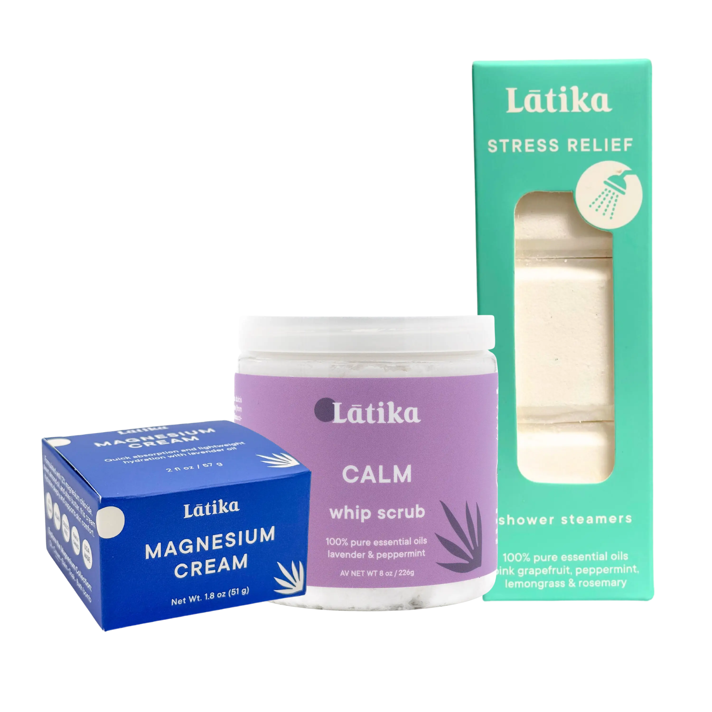 latika sleep ritual products including shower steamer box, whip scrub jar and a cream jar in its box
