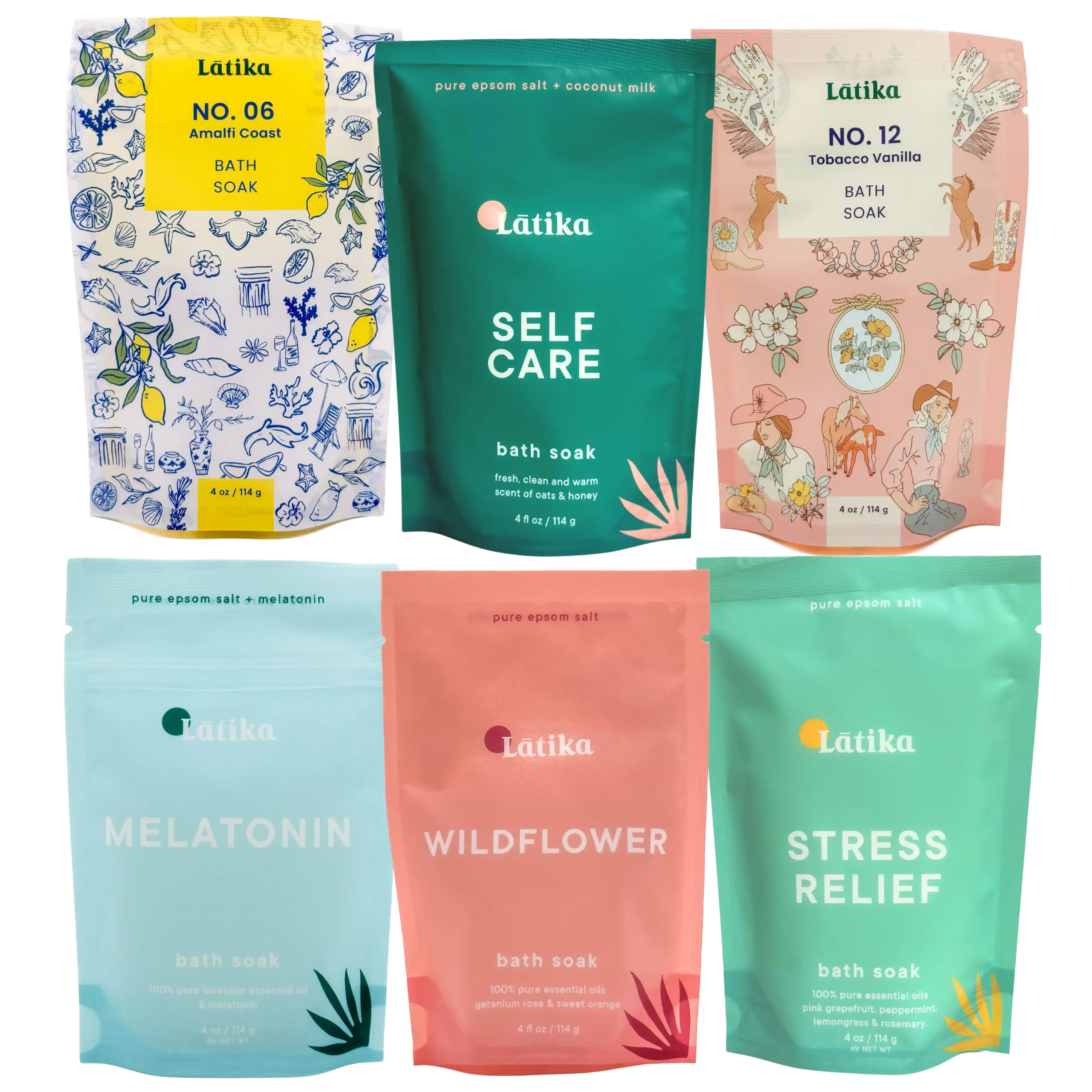 Collection of Latika bath soak packages with various scents and designs.