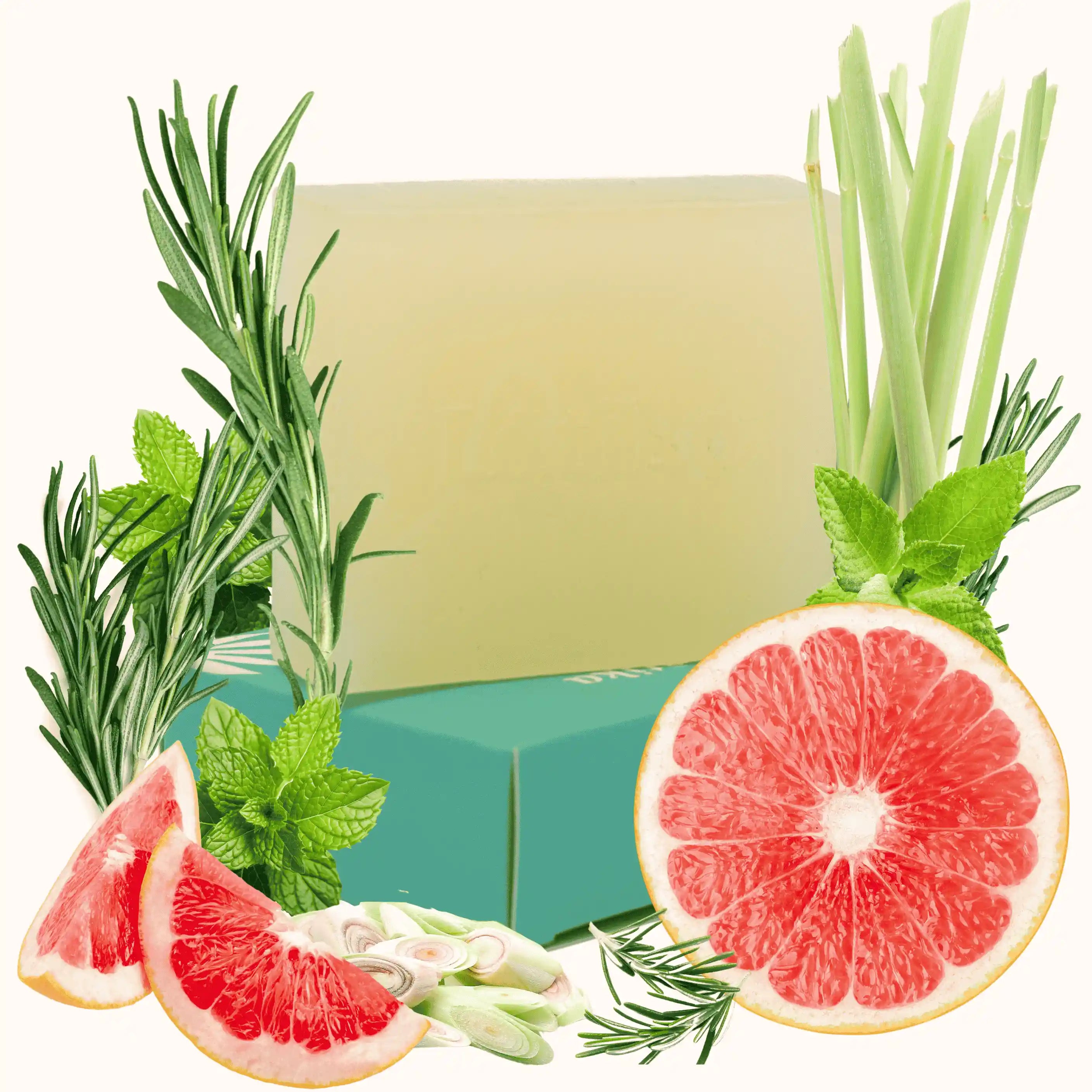 Bar of soap with grapefruit and rosemary elements on a white background