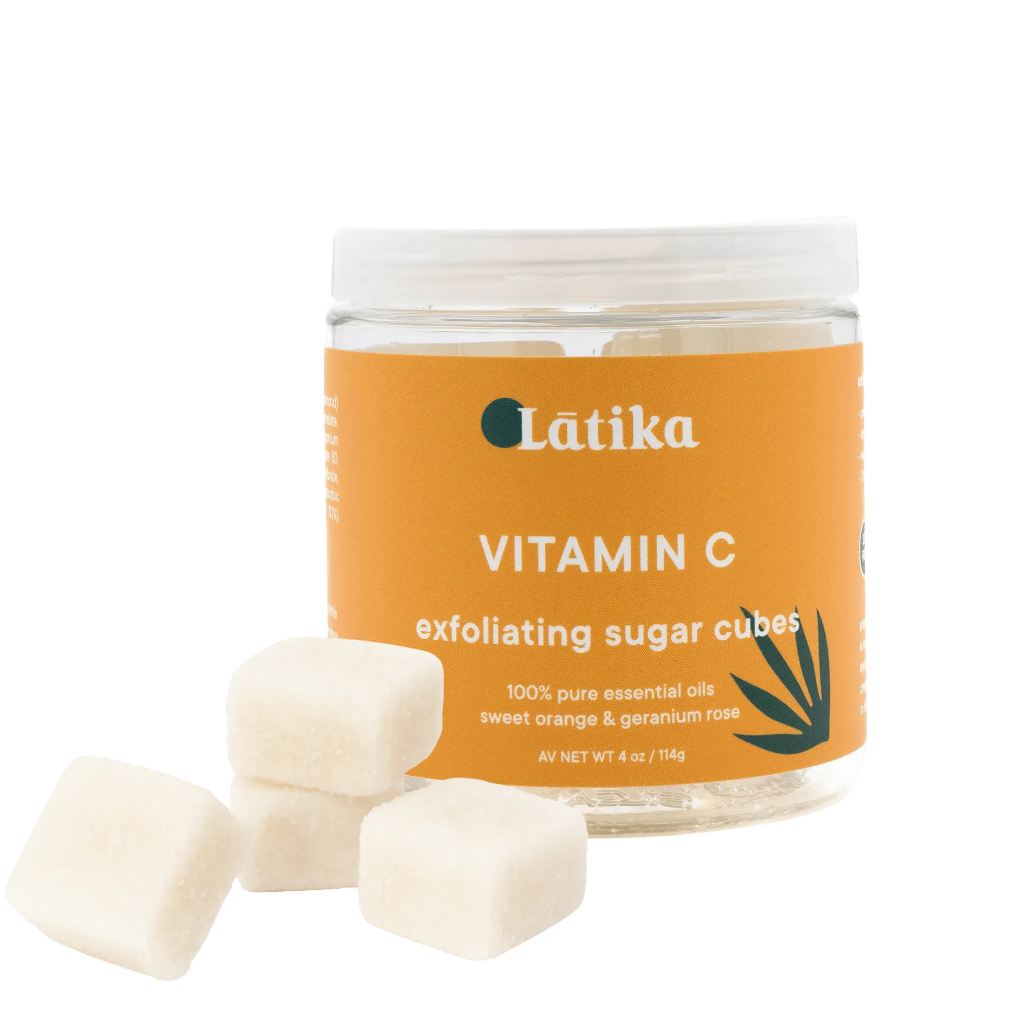 sugar cube body scrub with vitamin C in a yellow ar, for brightning body treatment.