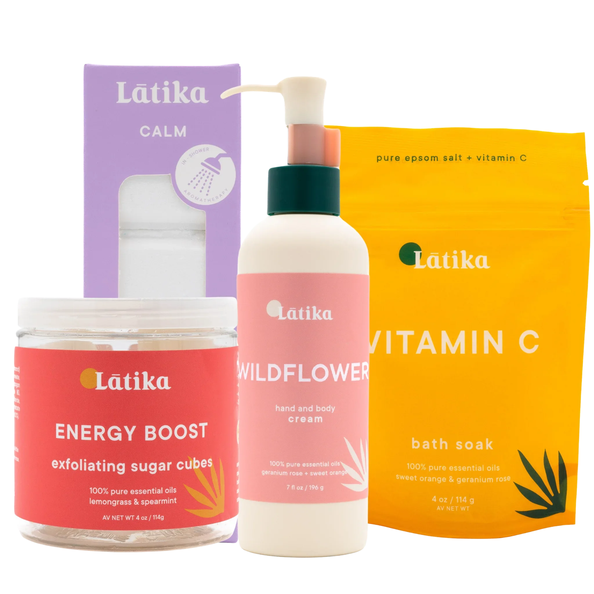 Collection of Latika skincare products including Energy Boost, Wildflower, and Vitamin C on a white background.