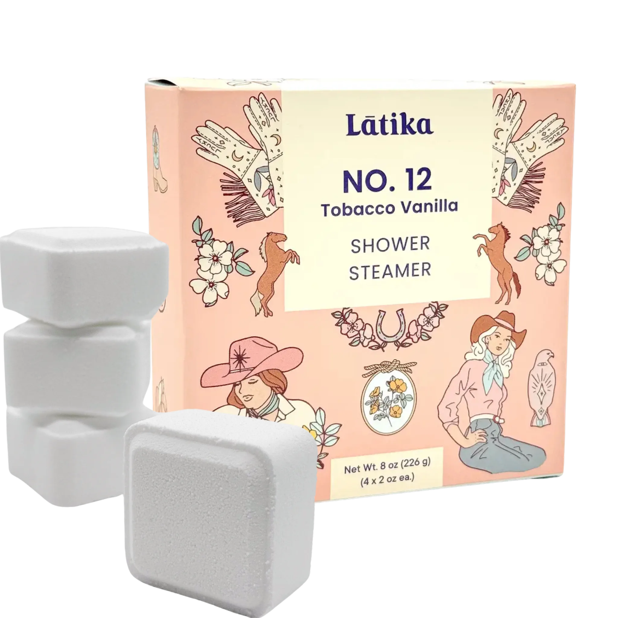 Látika No. 12 Tobacco Vanilla shower steamer packaging with three steamer cubes on a white background