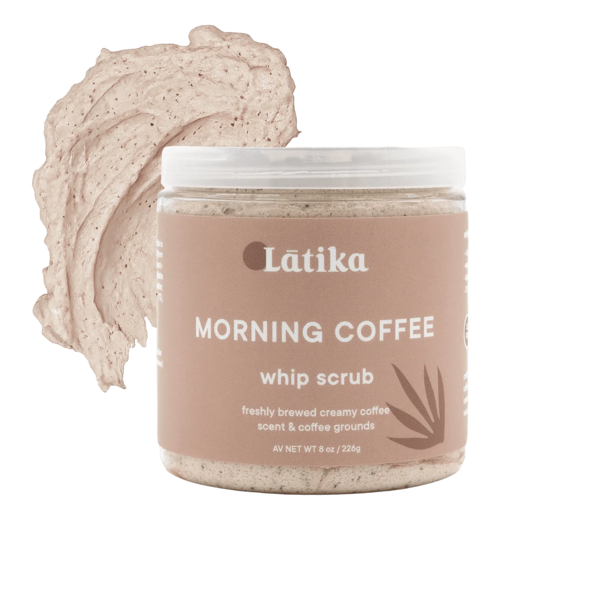 a whipped soap body scrub with coffee in a beige label named mornig coffee by latika