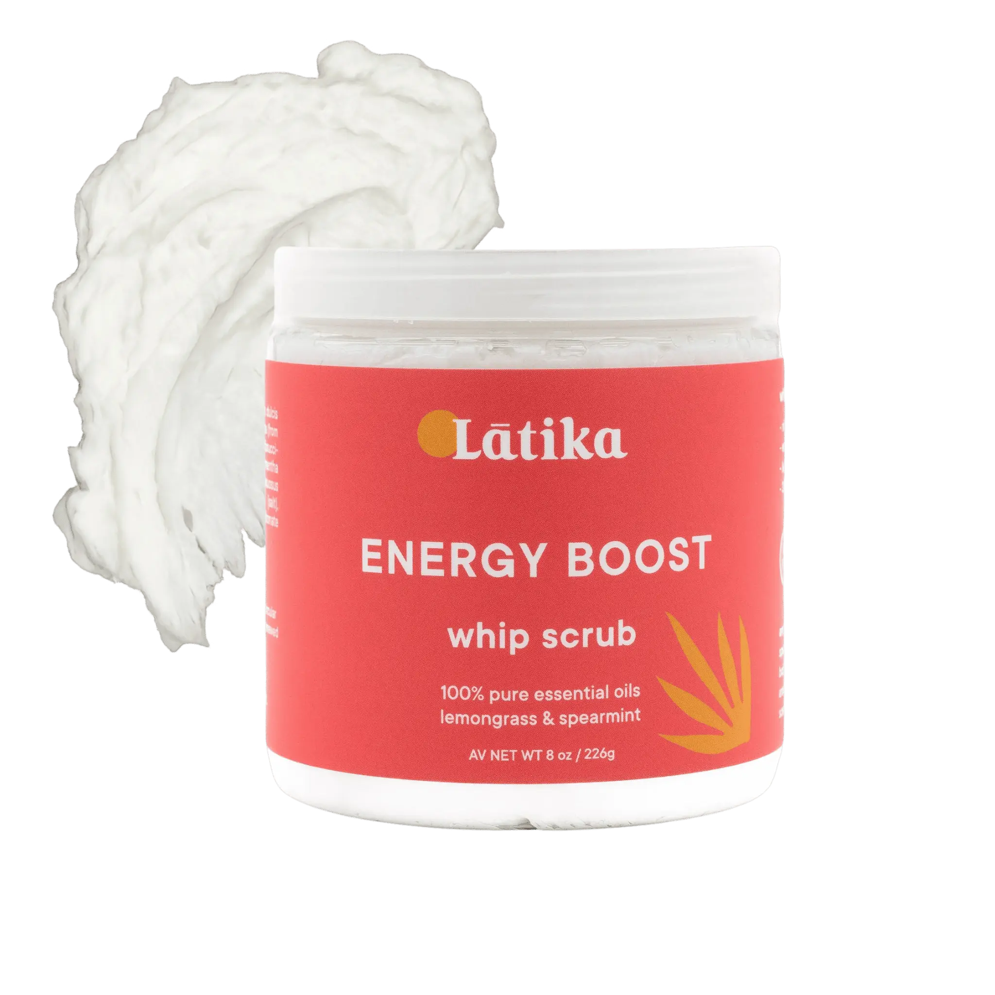 Latika energy boost whipped scrub, with red jar. for energy and mood uplift.