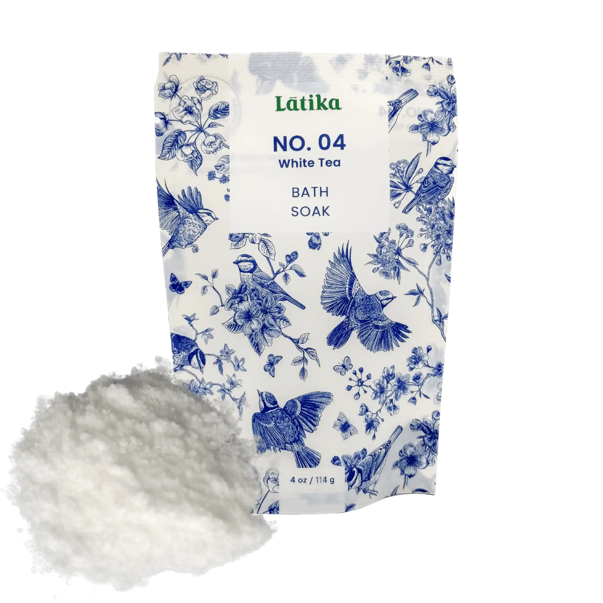 Bath soak packaging with floral and bird design, featuring the brand &