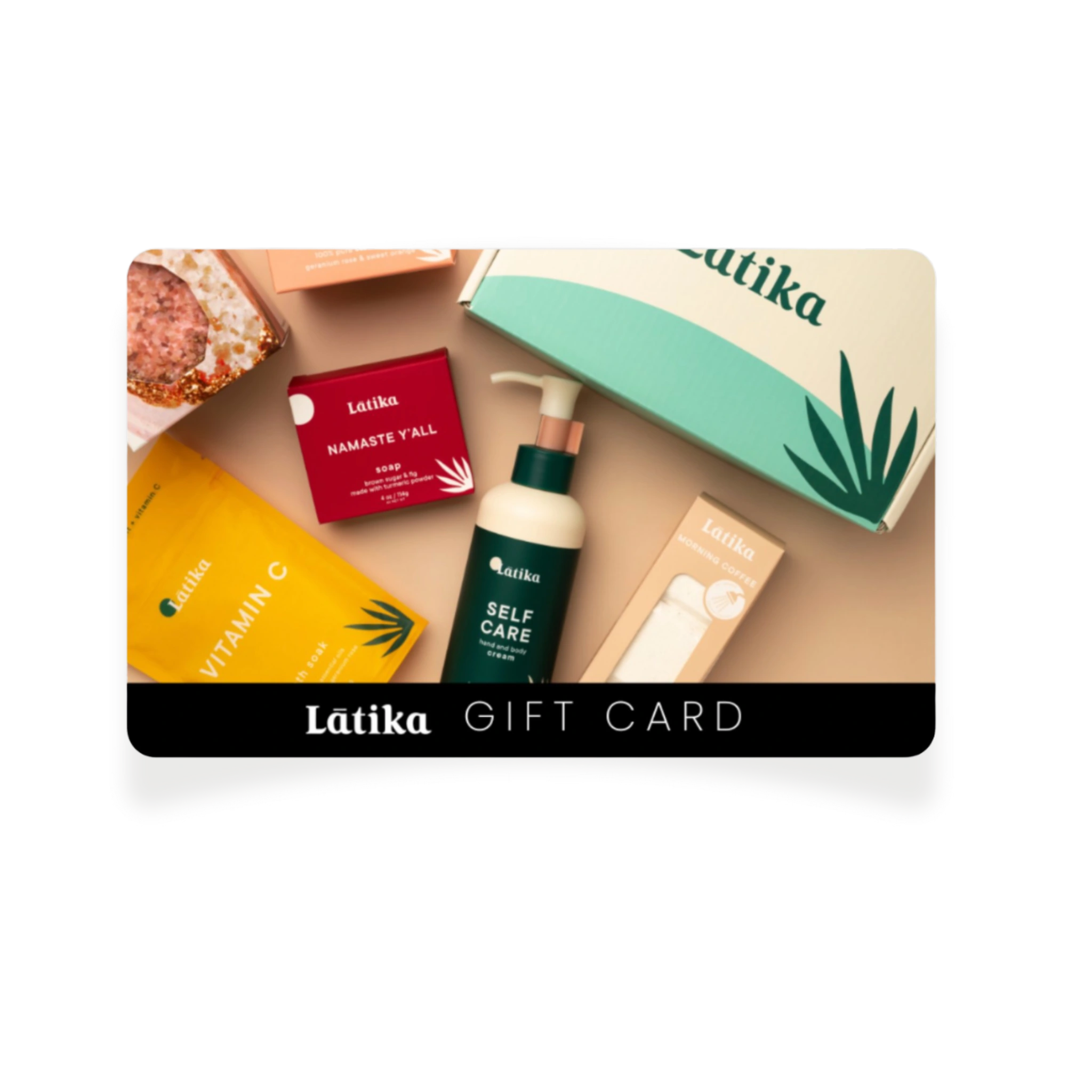 A digital gift card from Latika Beauty with a selection of beauty products, including bath bombs and skincare items, presented with a &