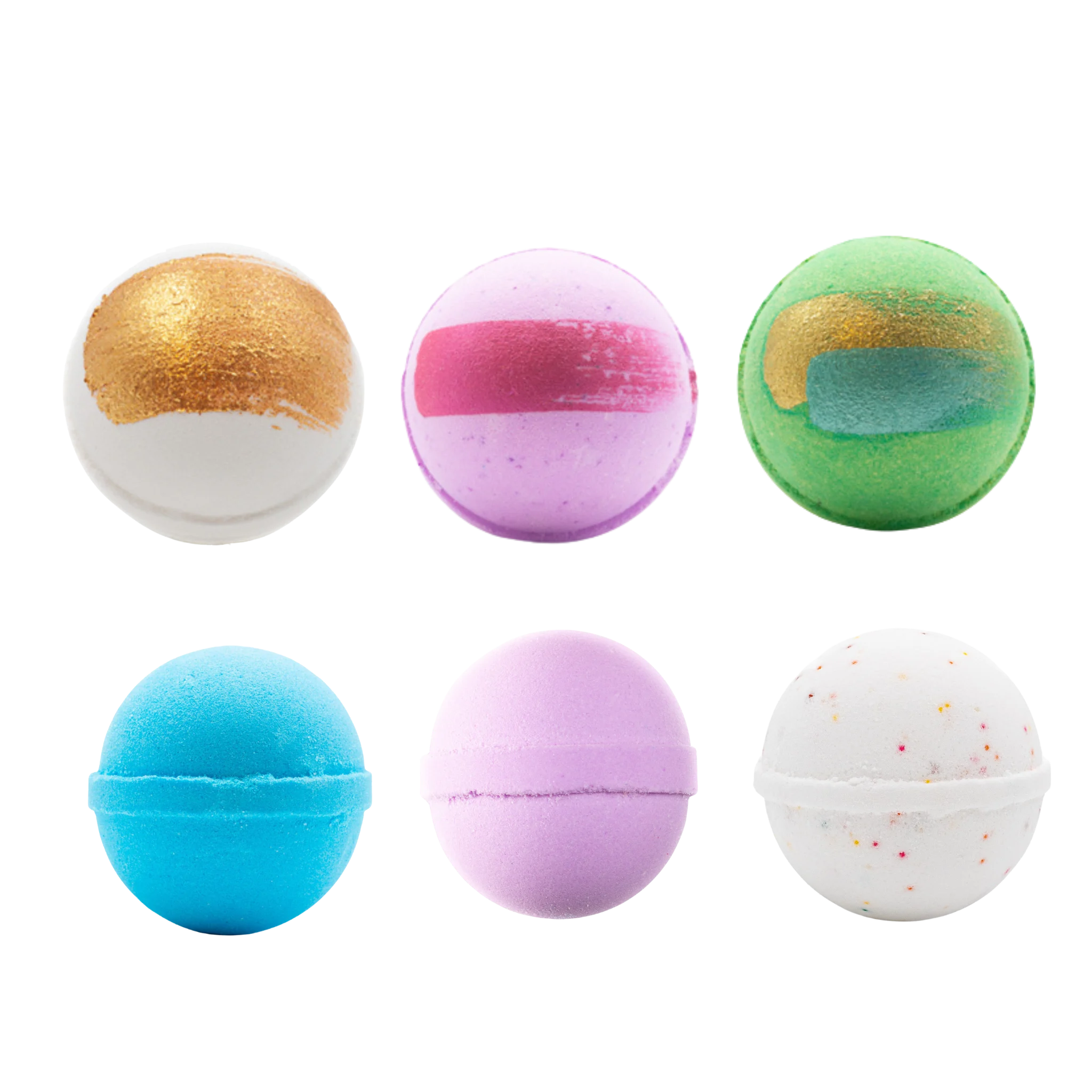 Six colorful bath bombs with gold decoraition and sprinkles, bath soak color and oils