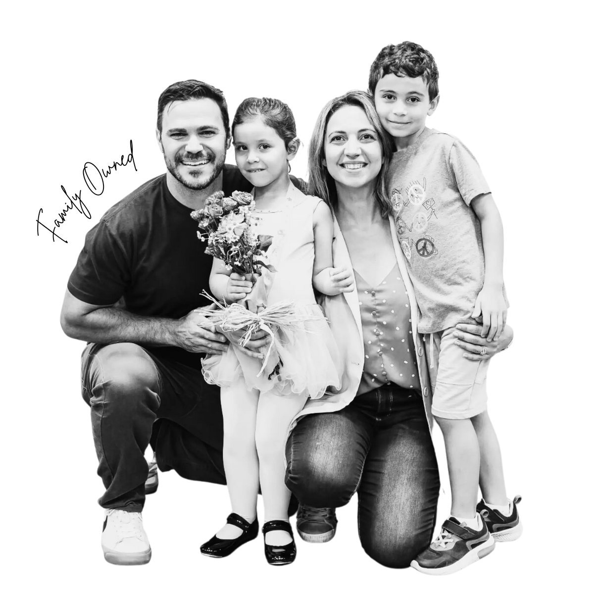 Black and white photo of a family posing together with text 'Family Owned'.