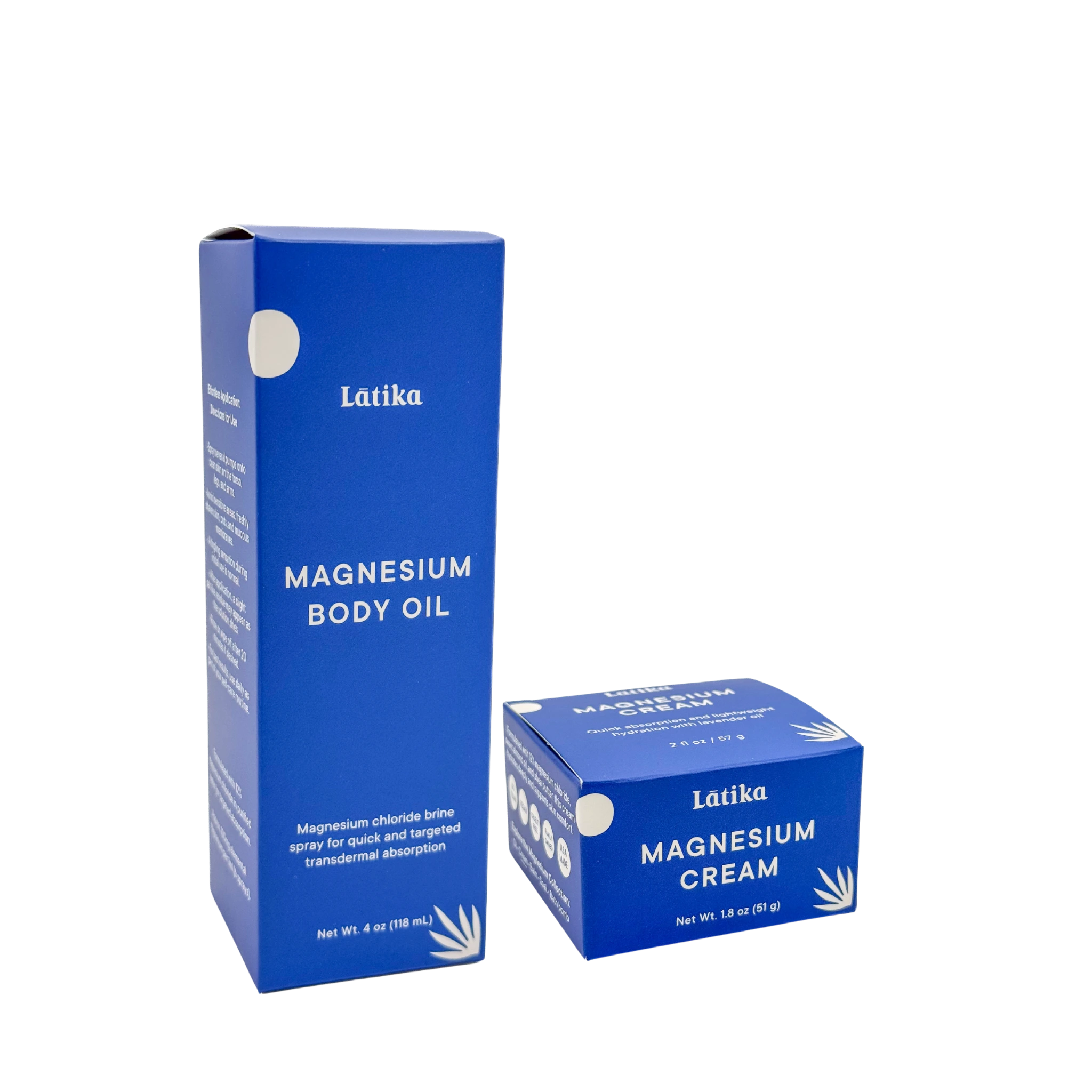 Two blue boxes of Latika Magnesium Body Oil and Cream on a white background