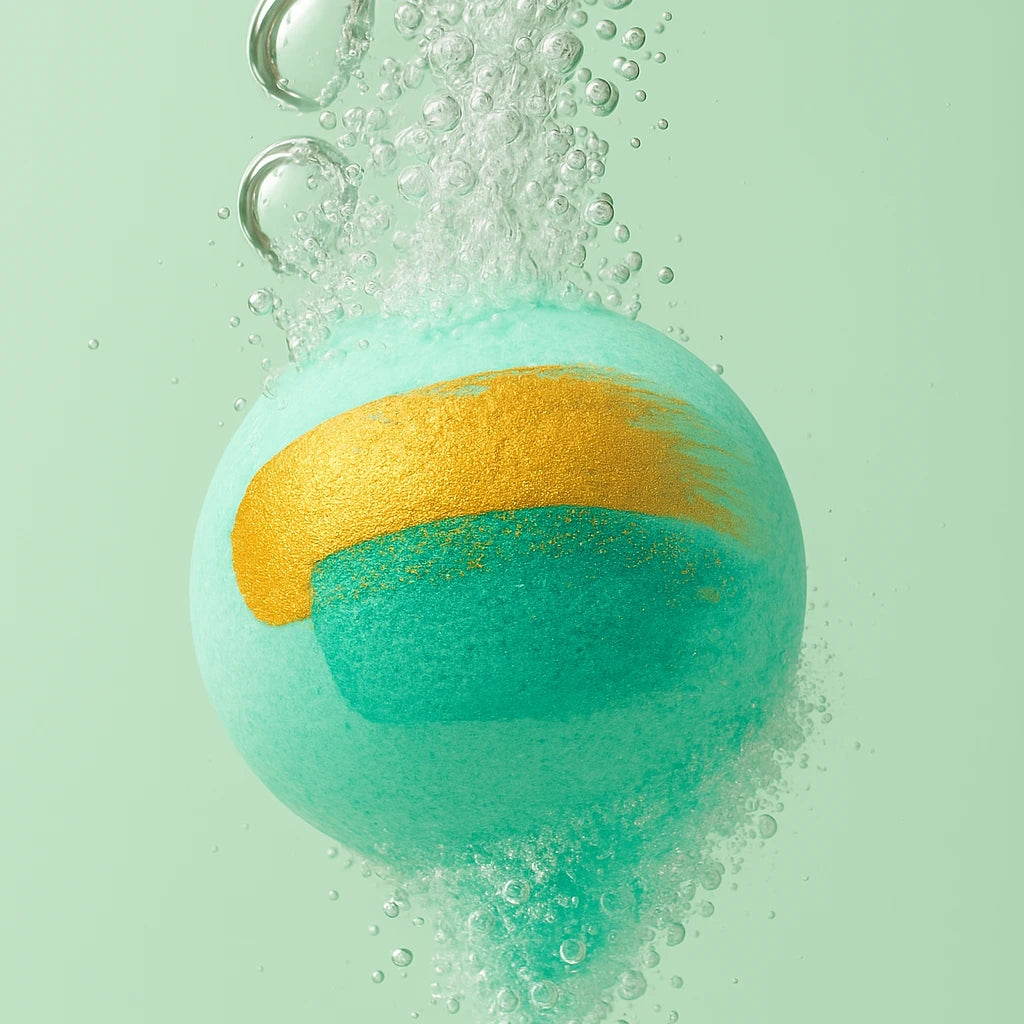 Turquoise bath bomb with a yellow stripe on a light green background