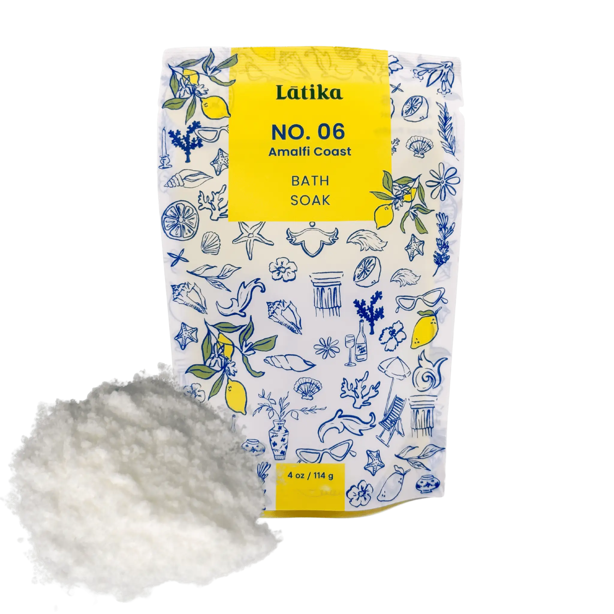 italian inspired scent named Amalfi Coast on a bath soak bag featuring lemons and roman decor. for a milky soothing soak.