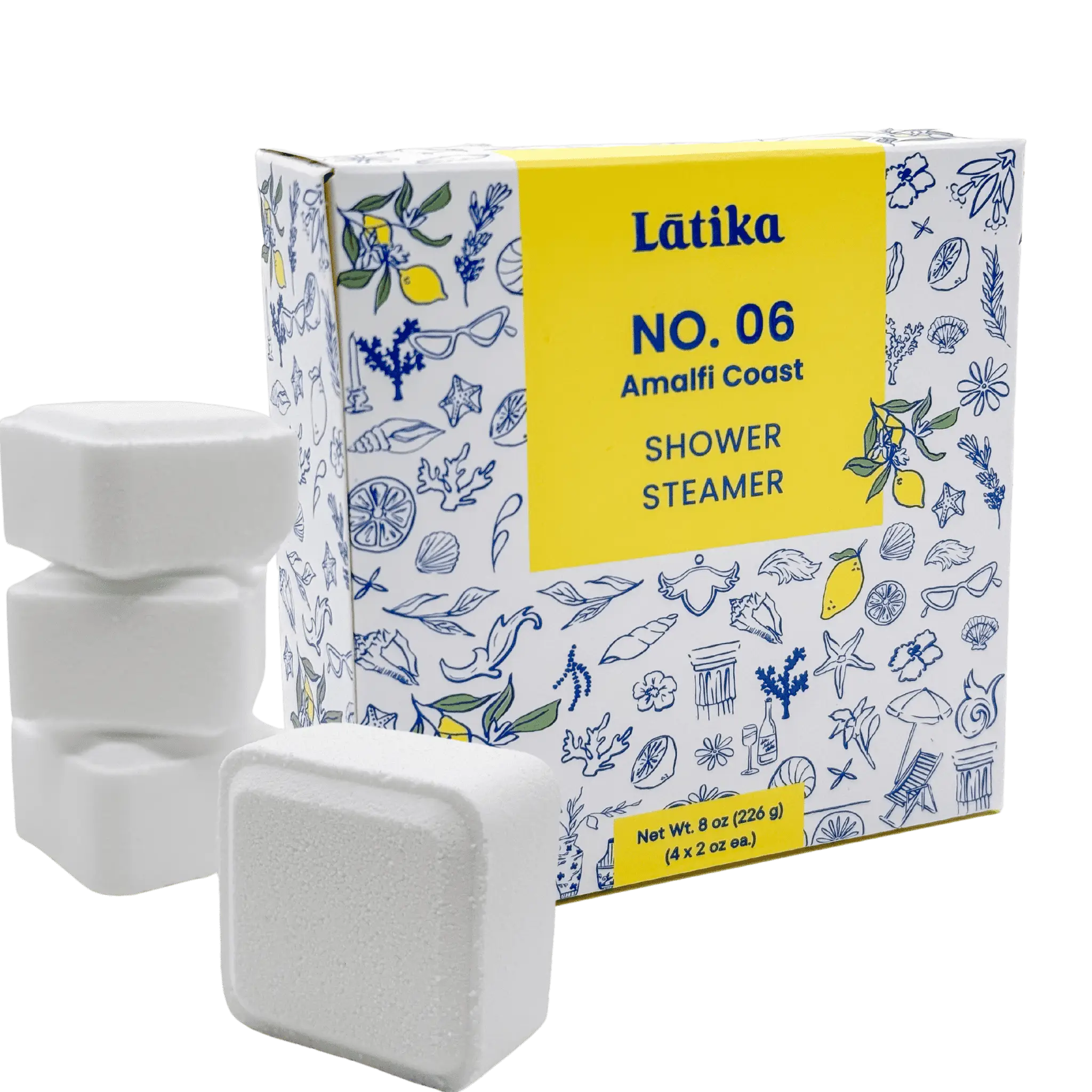 Látika No. 06 Amalfi Coast shower steamer packaging with white steamer cubes. for italian vacation inspired scent.