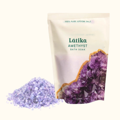 Amethyst Geode Crystal Mineral Bath Soak with lavender, clary sage, and eucalyptus scent in purple mineral color by Latika Beauty