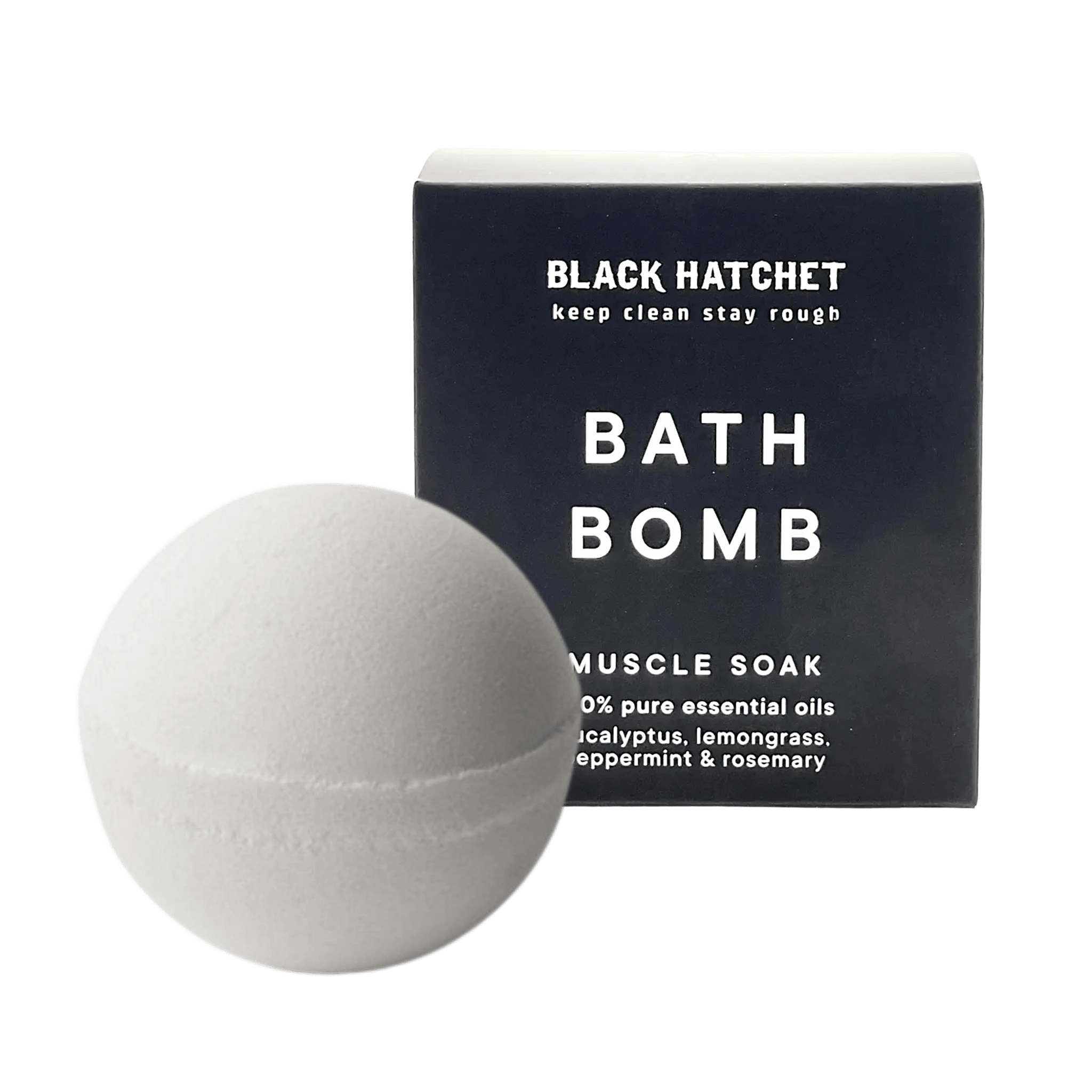 White bath bomb with Black Hatchet packaging for muscle relief soak for men