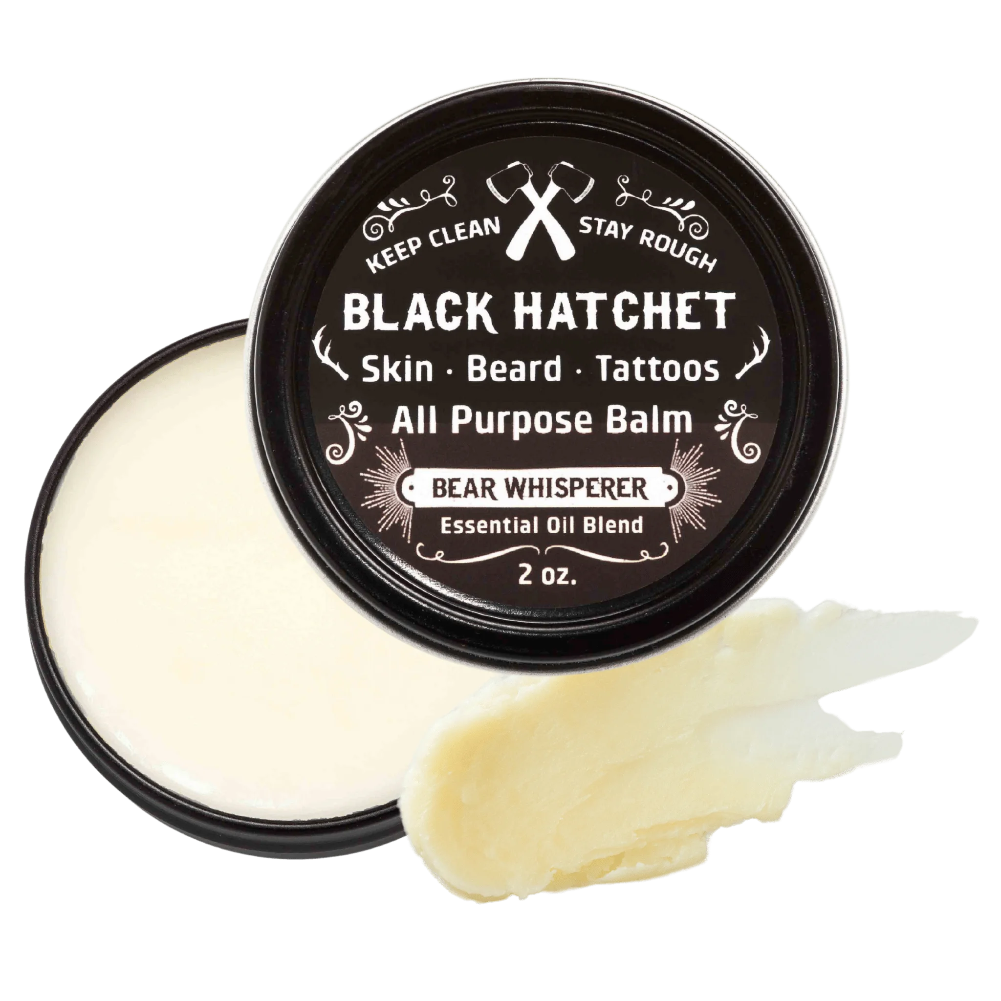 Black Hatchet all purpose balm with a visible sample on a white background