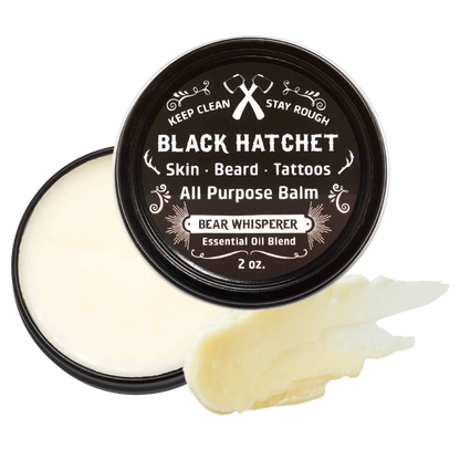 Black Hatchet all purpose balm with a visible sample on a white background
