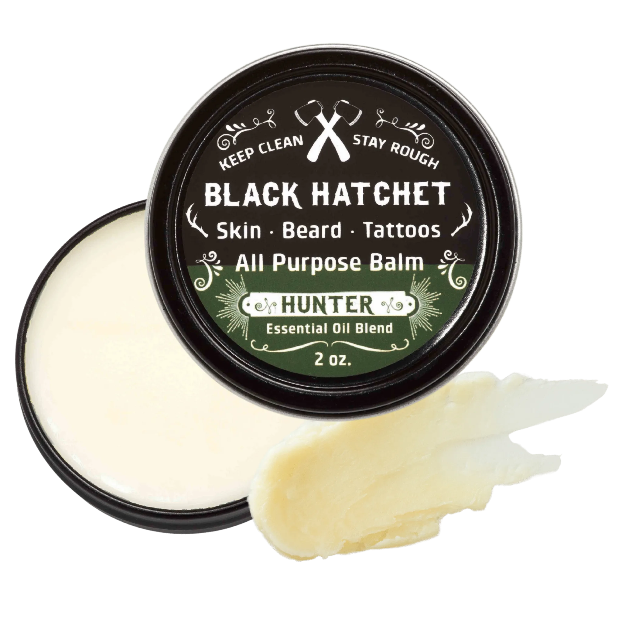 Black Hatchet all-purpose balm with a sample on a white background