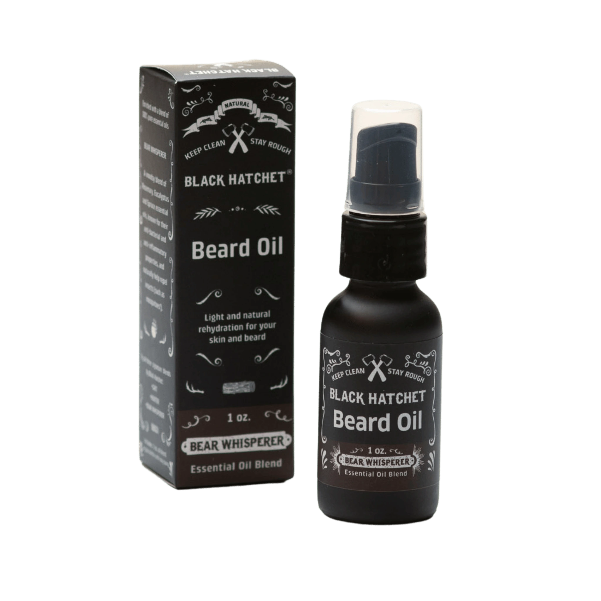 A bottle of Black Hatchet Beard Oil with a dropper cap next to its packaging box. The packaging is black with white and green text, and the bottle is labeled &