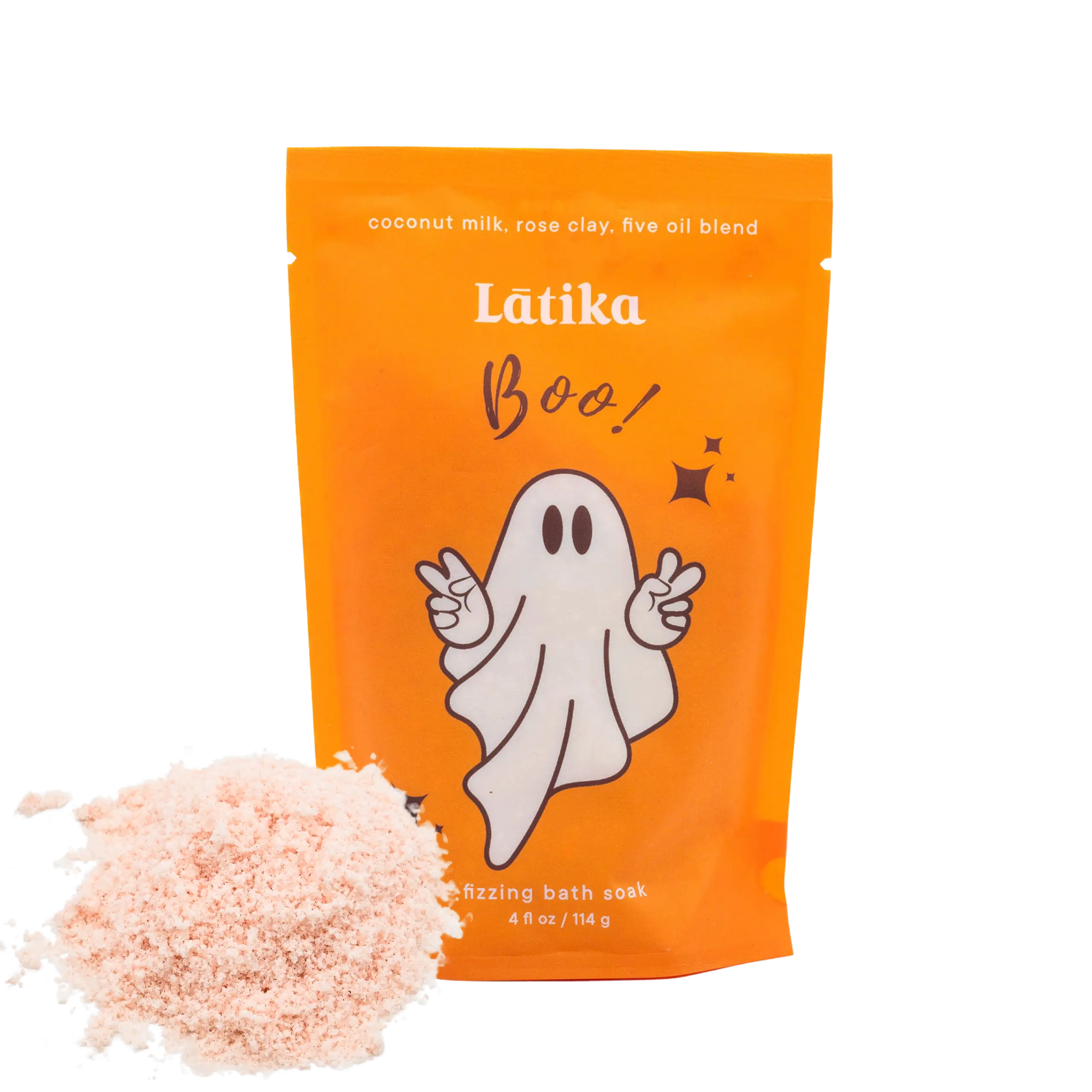Orange packaging of Látika Boo! bath soak with a ghost illustration and a pile of bath soak on a white background.