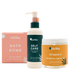 Collection of Latika self-care products including a bath bomb, hand and body cream, and vitamin C exfoliating sugar cubes on a white background.