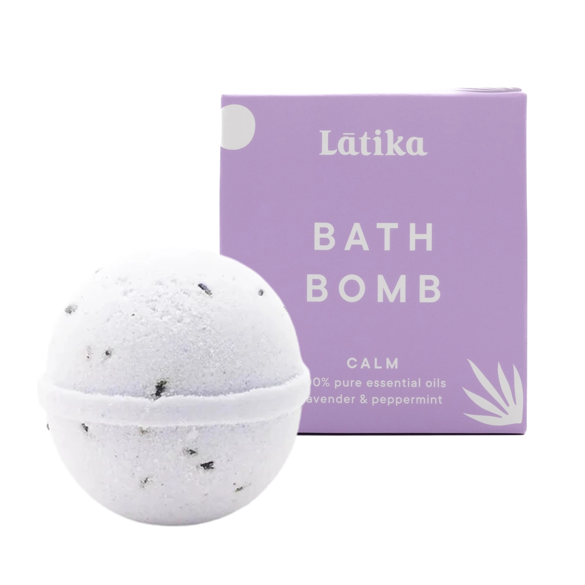 A bath bomb by Latika, designed to be calming with essential oils, displayed next to its purple packaging box labeled &