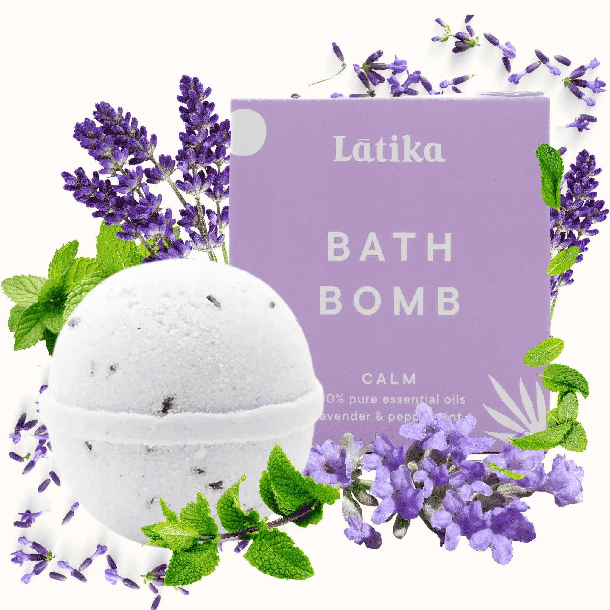 Bath bomb with packaging and lavender flowers, for relaxation and soothing