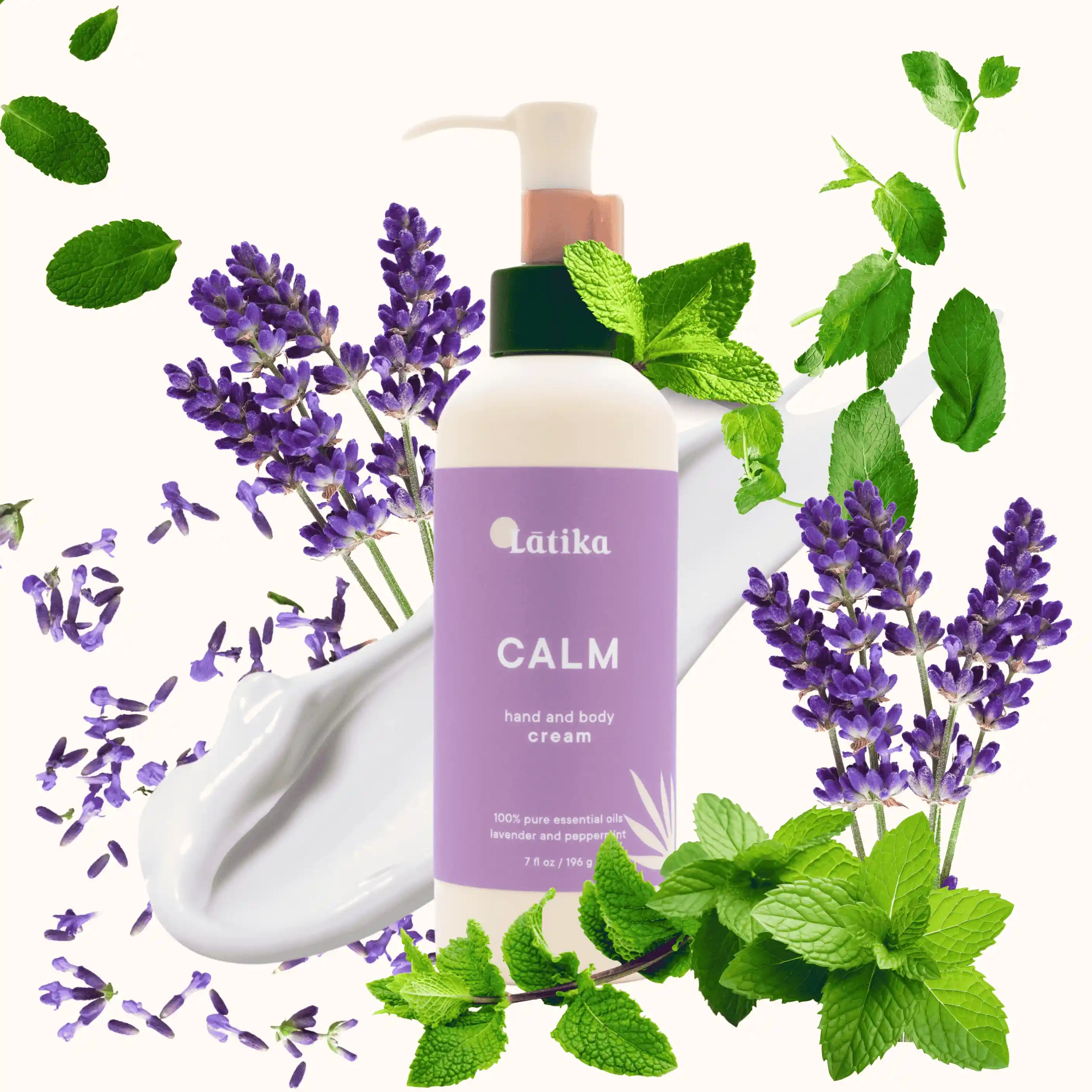 Latika Calm hand and body cream bottle with lavender and mint leaves on a white background