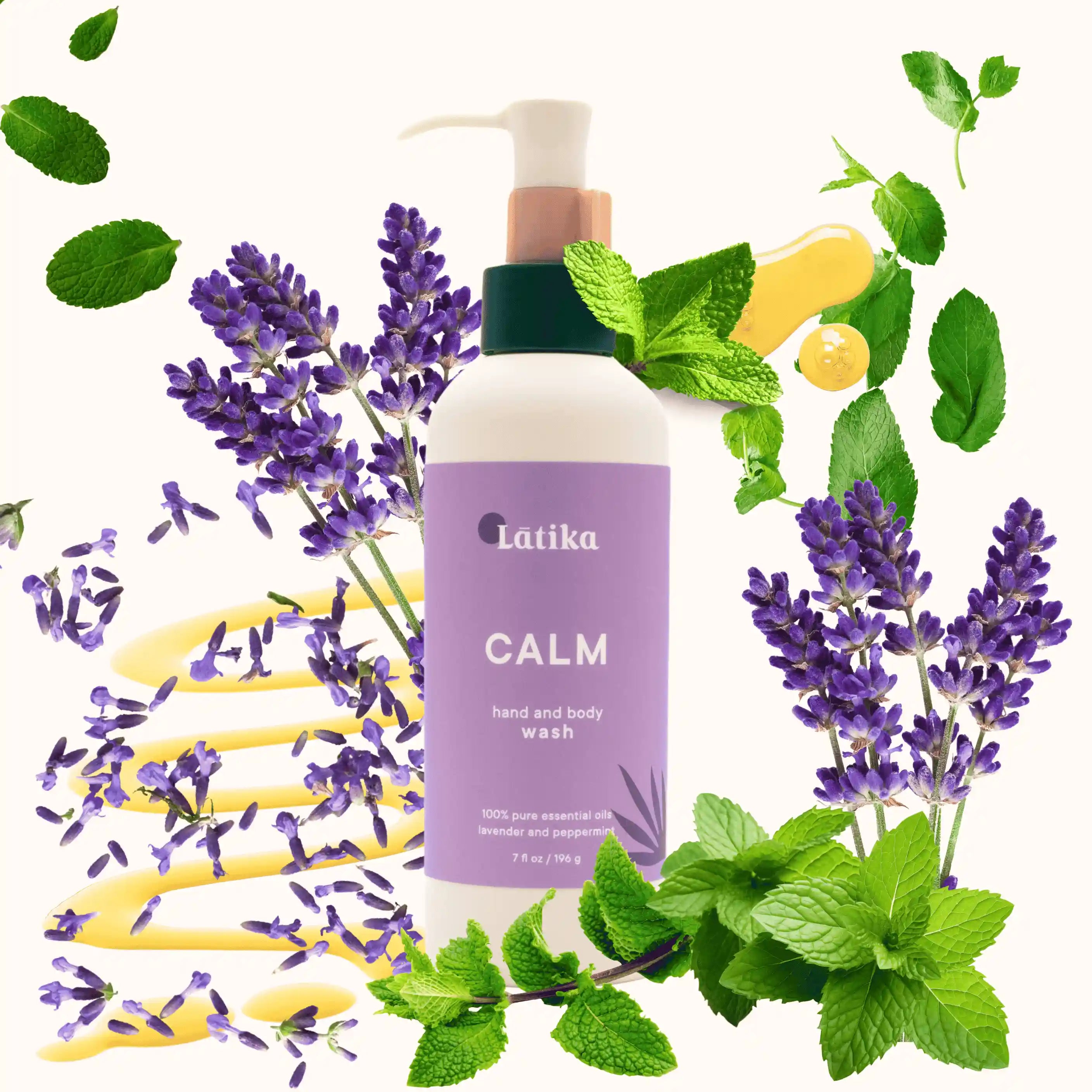 Latiñka Calm hand and body wash bottle with lavender and mint leaves on a white background