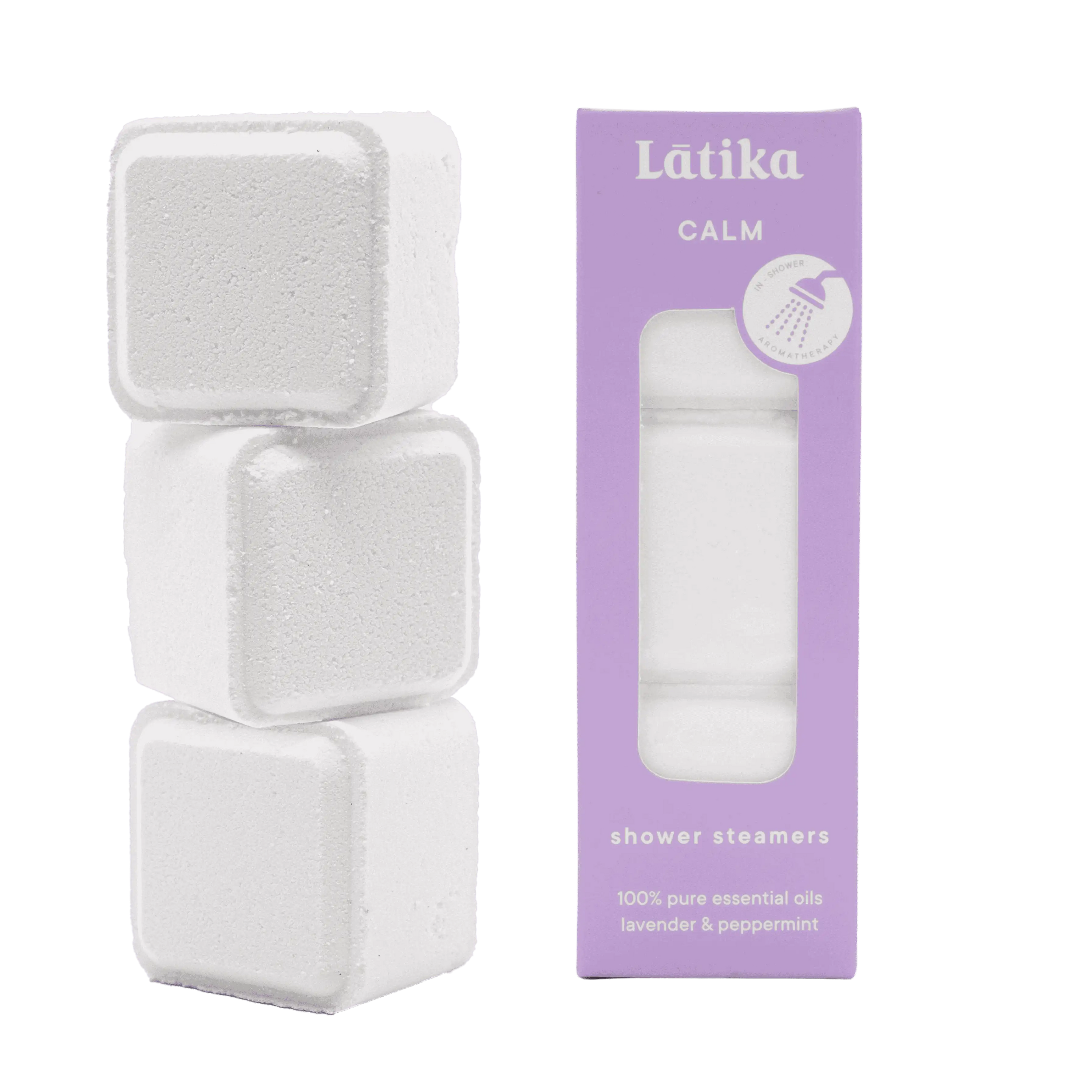 three shower steamer cubes, and the purple box they come in. made with lavender for calming
