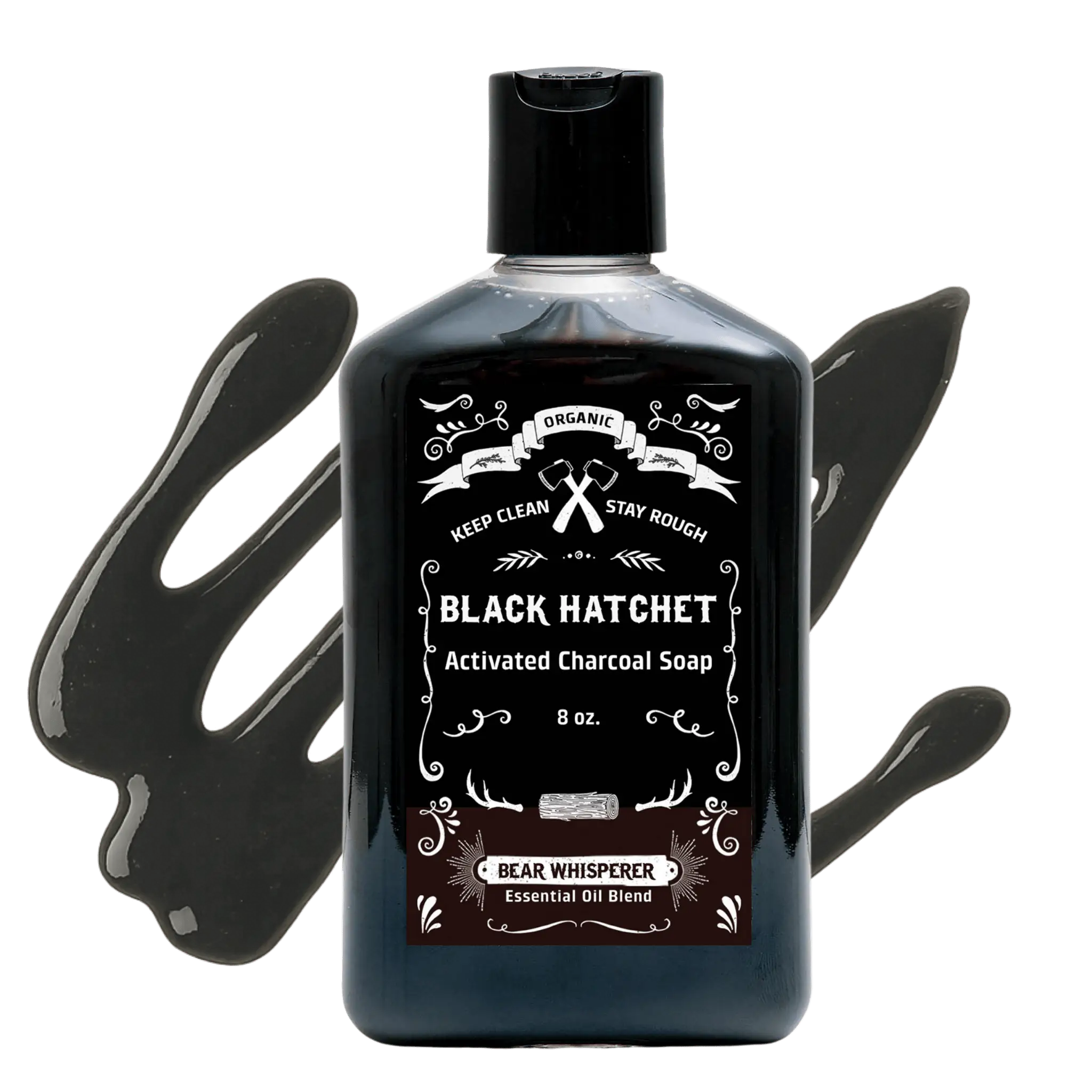 Black Hatchet Activated Charcoal Soap bottle with label on a white background