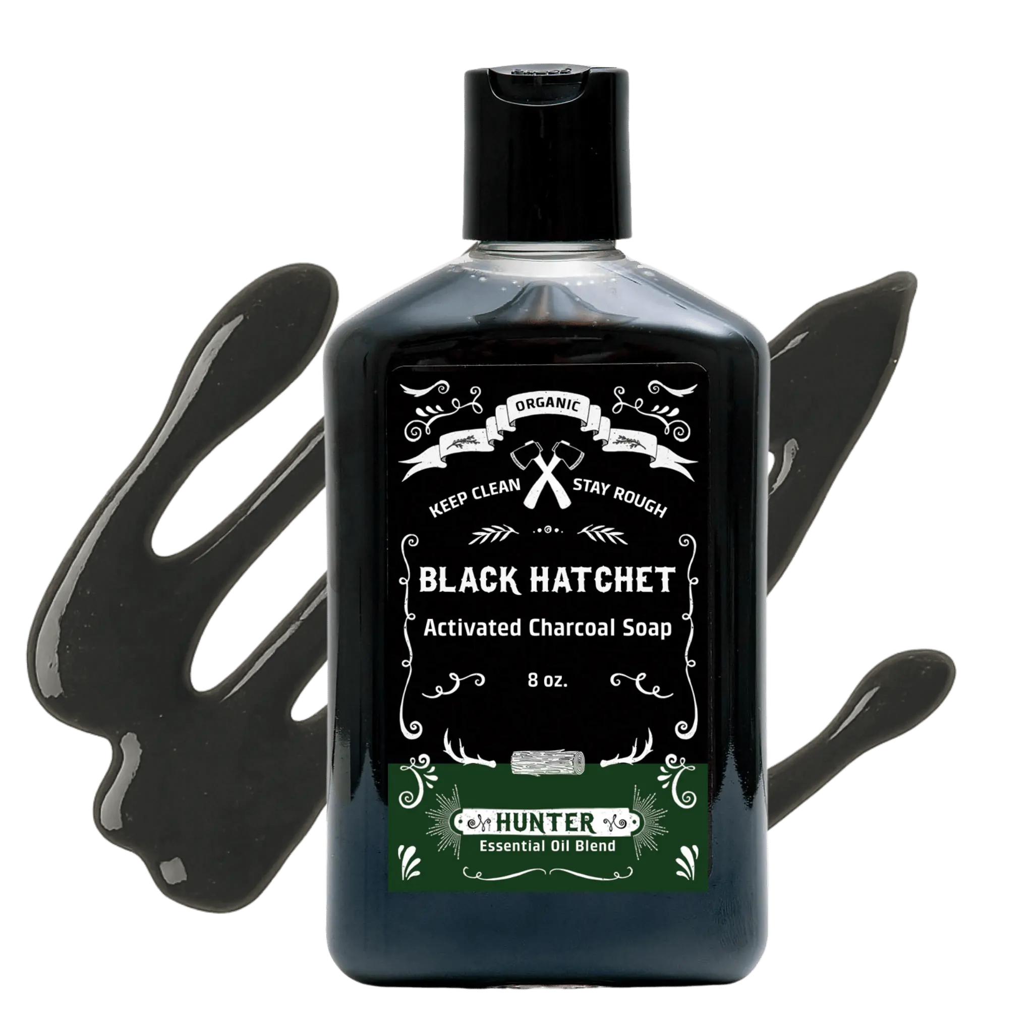 Black Hatchet activated charcoal soap bottle with black soap suds on a white background