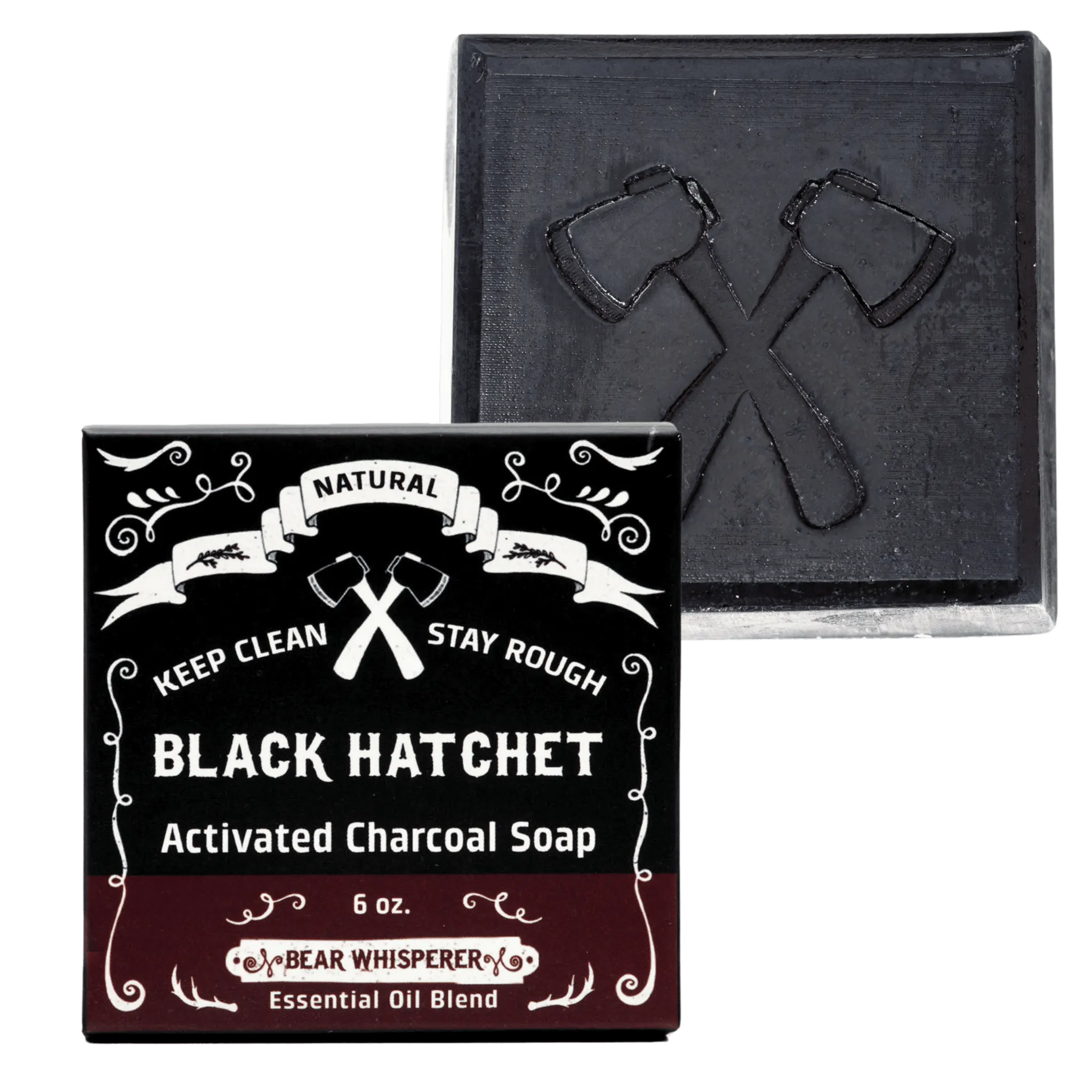 Black activated charcoal soap with packaging featuring crossed axes and text.