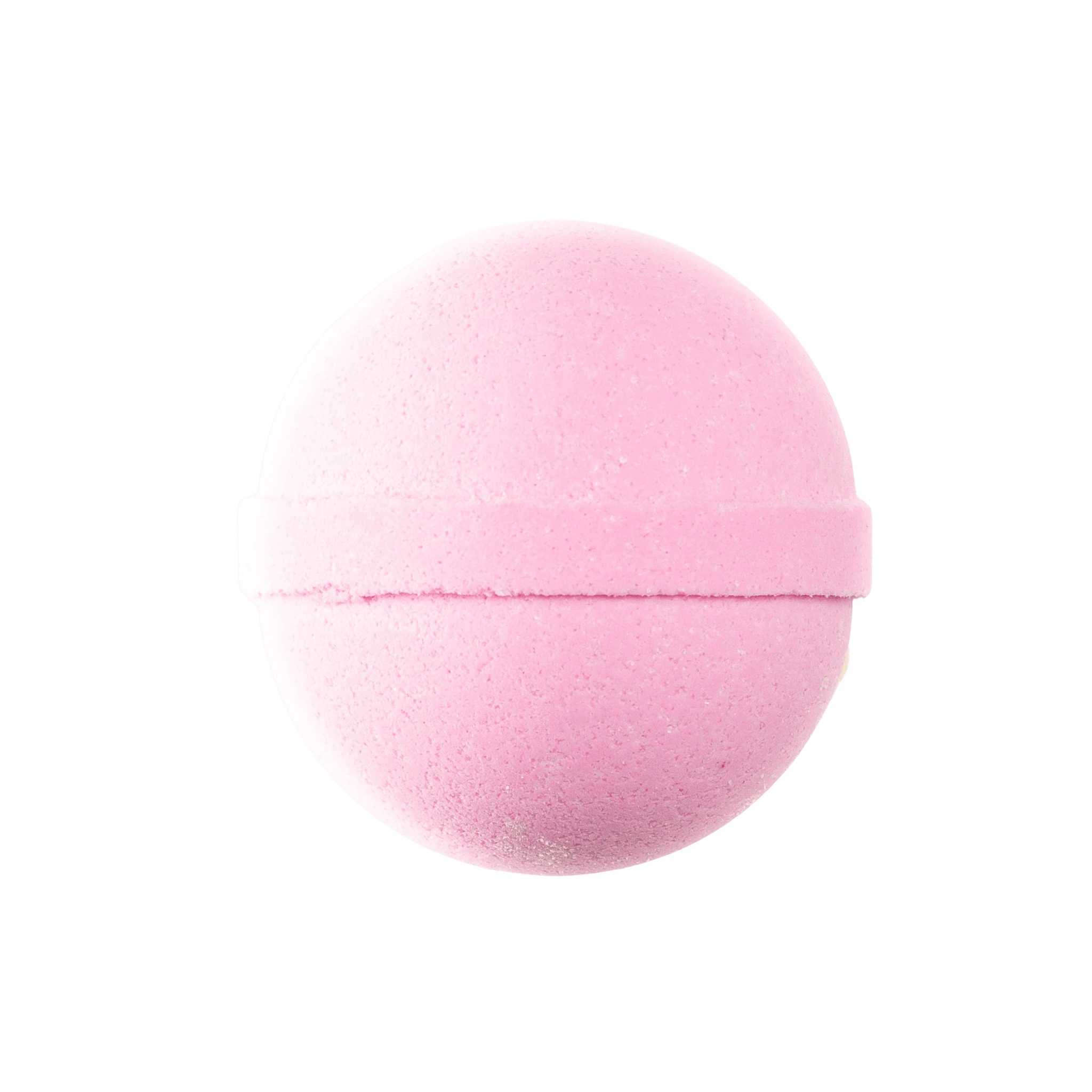 A pink bath bomb designed to make bath water pink, with a smooth, round shape. designed to provide a moisturizing and mess-free bath experience