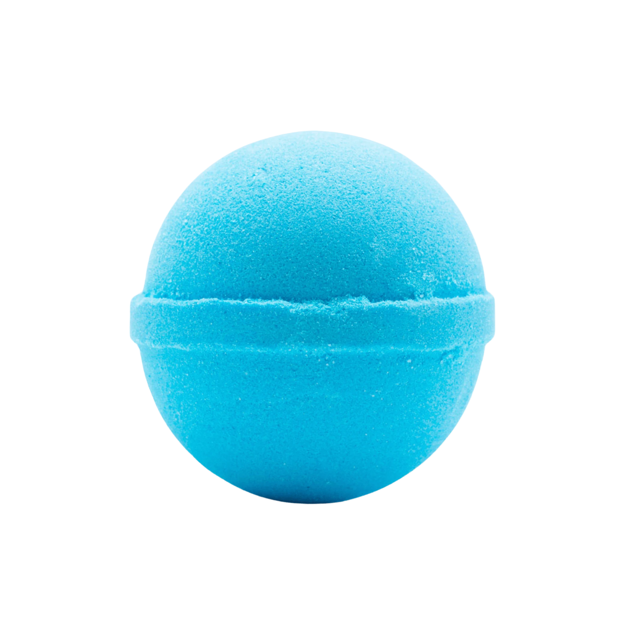 A blue spherical bath bomb with a smooth surface, made with bath oils, and leaves no mess inthe tub