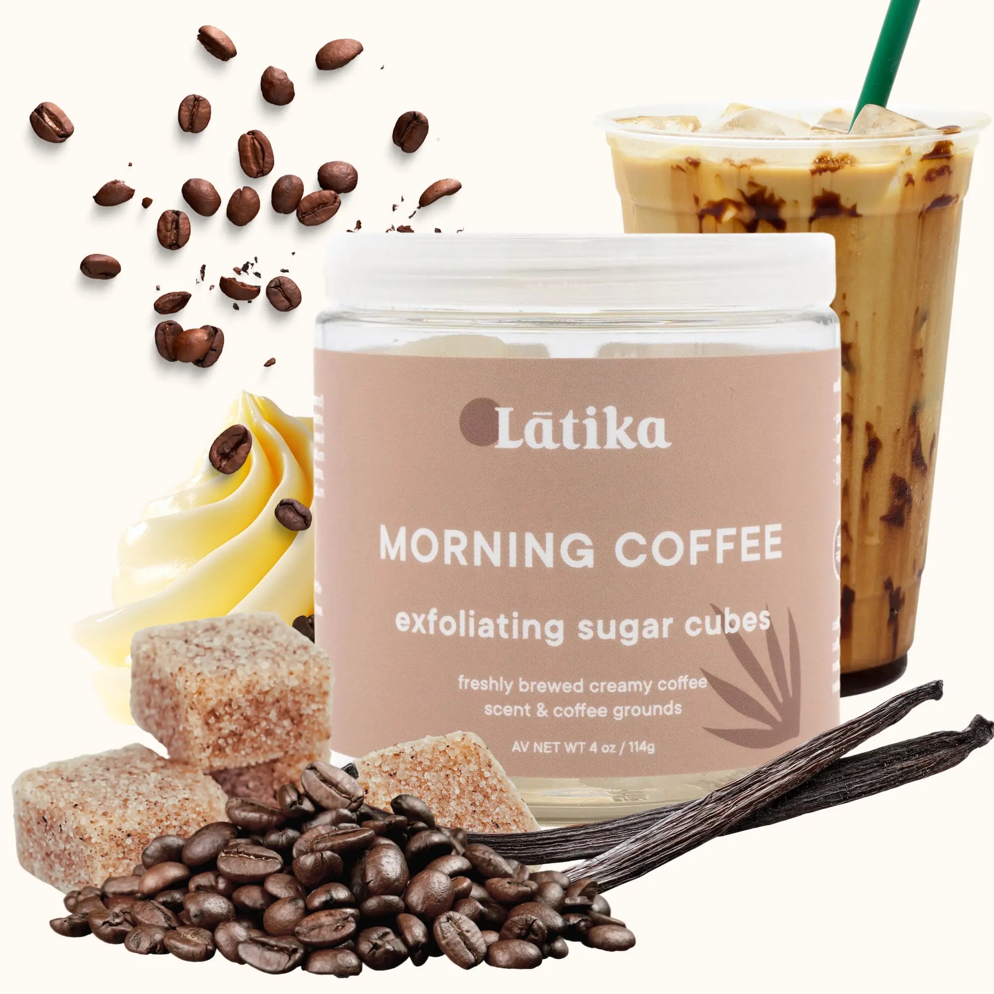 Latika Morning Coffee exfoliating sugar cubes packaging with coffee beans, a cup of iced coffee, and vanilla bean.