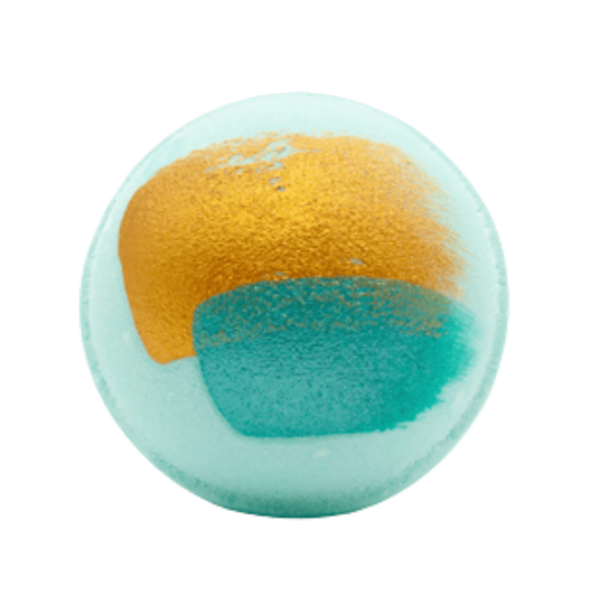 A color changing bath bomb with sections in mint green, gold, and turquoise colors, hand-painted with shimmering mica powder.