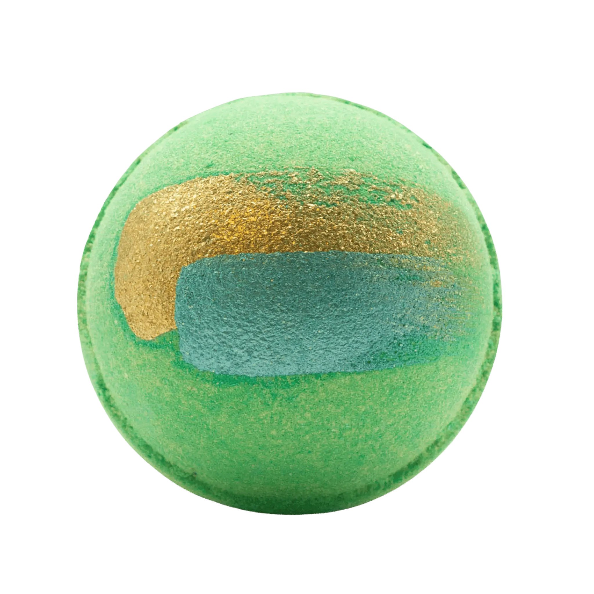 A color-changing bath bomb with shades of green and gold, hand-painted with emerald-green shimmer.