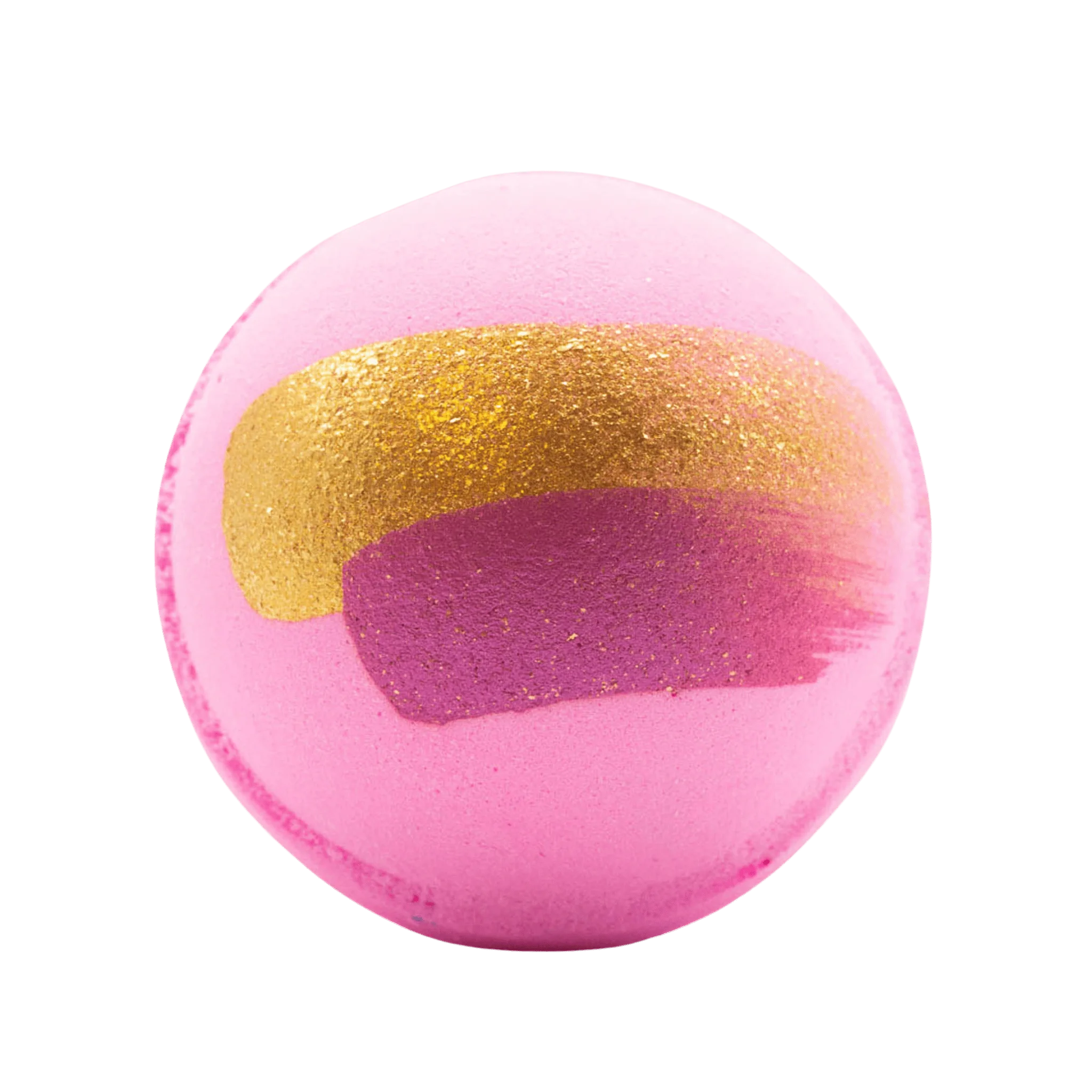 A color changing bath bomb with pink and gold sections, hand-painted with shimmering mica powder.