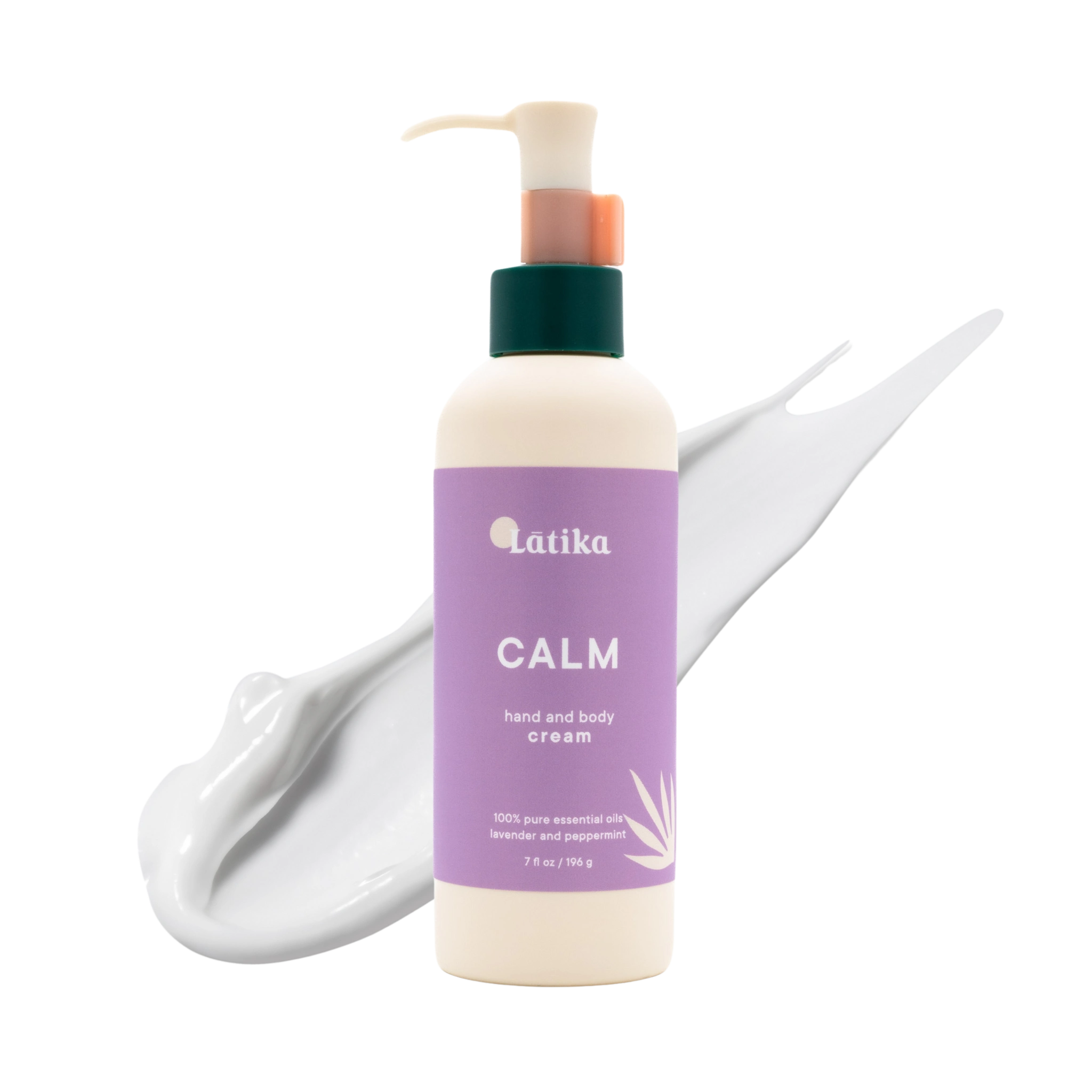 A pump bottle of Latika Calm hand and body cream with a white cream swirl behind it.