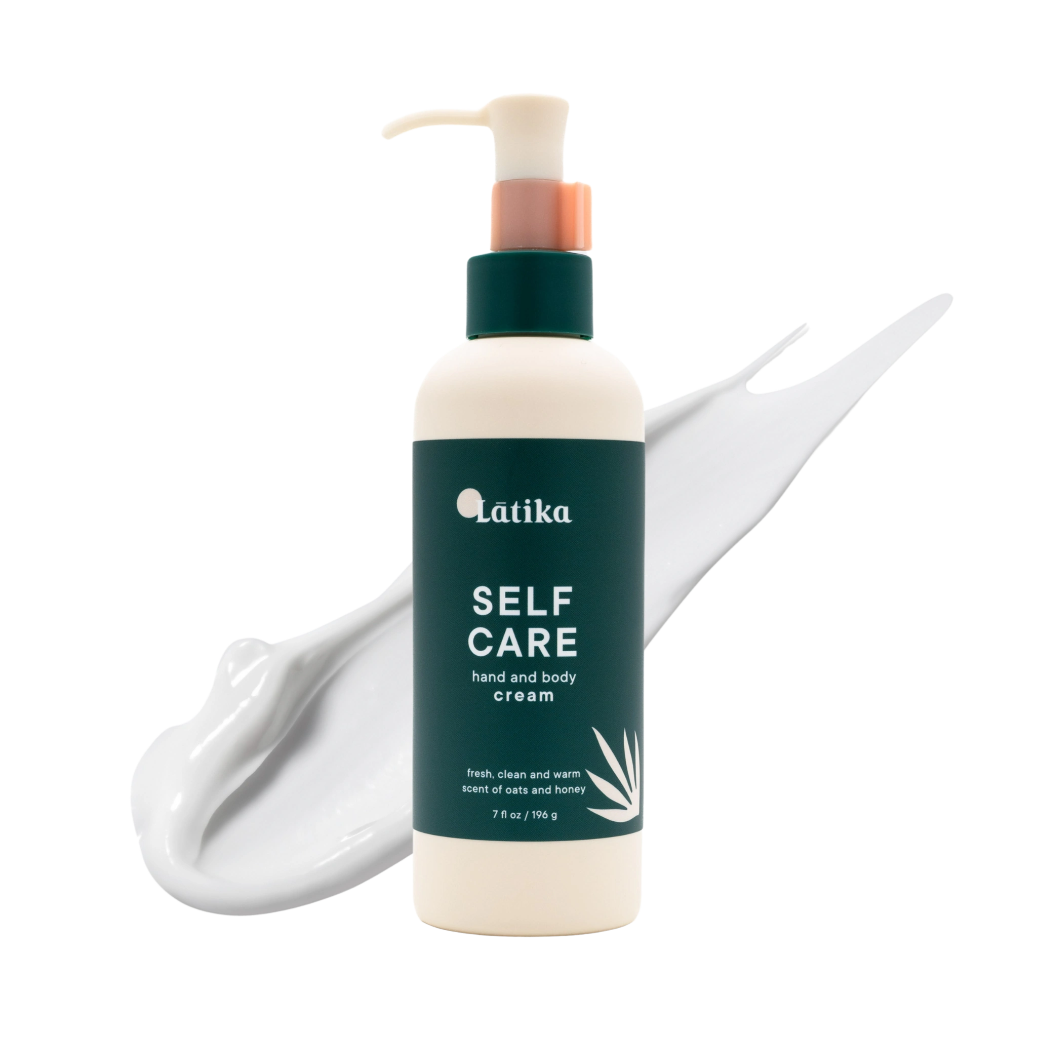A pump bottle of Latika Self Care Hand and Body Cream with a white cream swirl, labeled with the brand and product name.