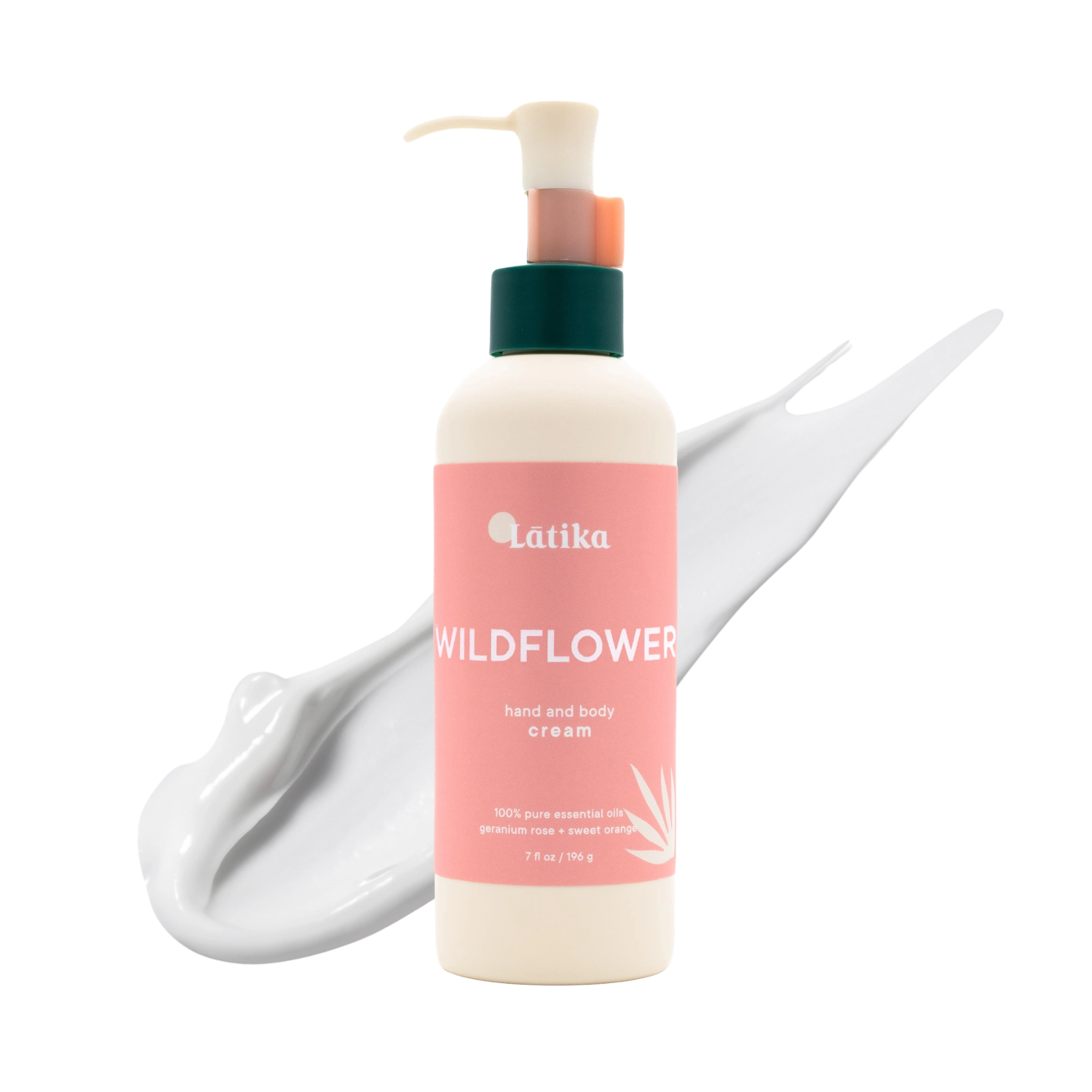 A pump bottle of Latika Wildflower Hand and Body Cream with a swatch of the cream&