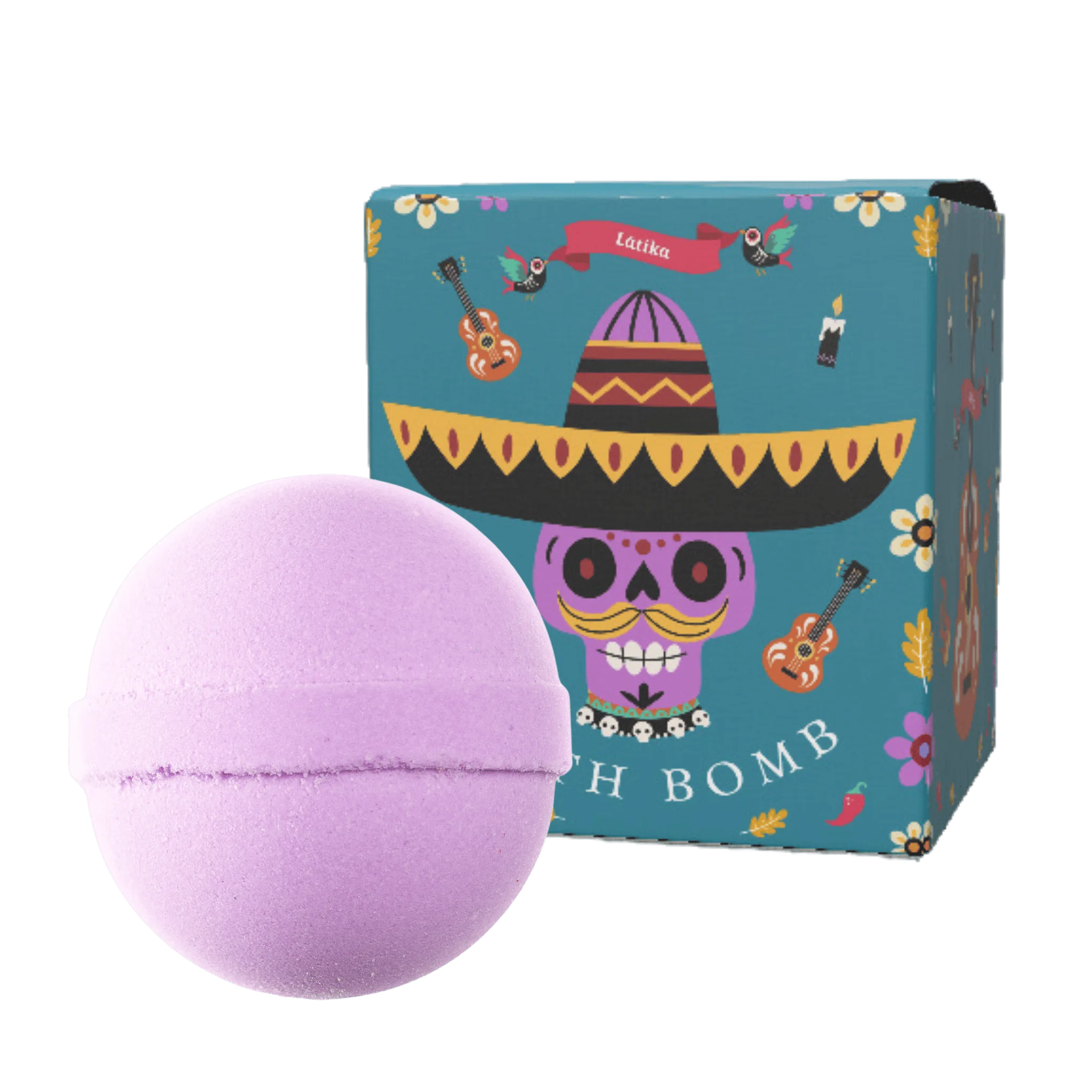 Purple bath bomb with a colorful skull-themed box for a day of the dead theme