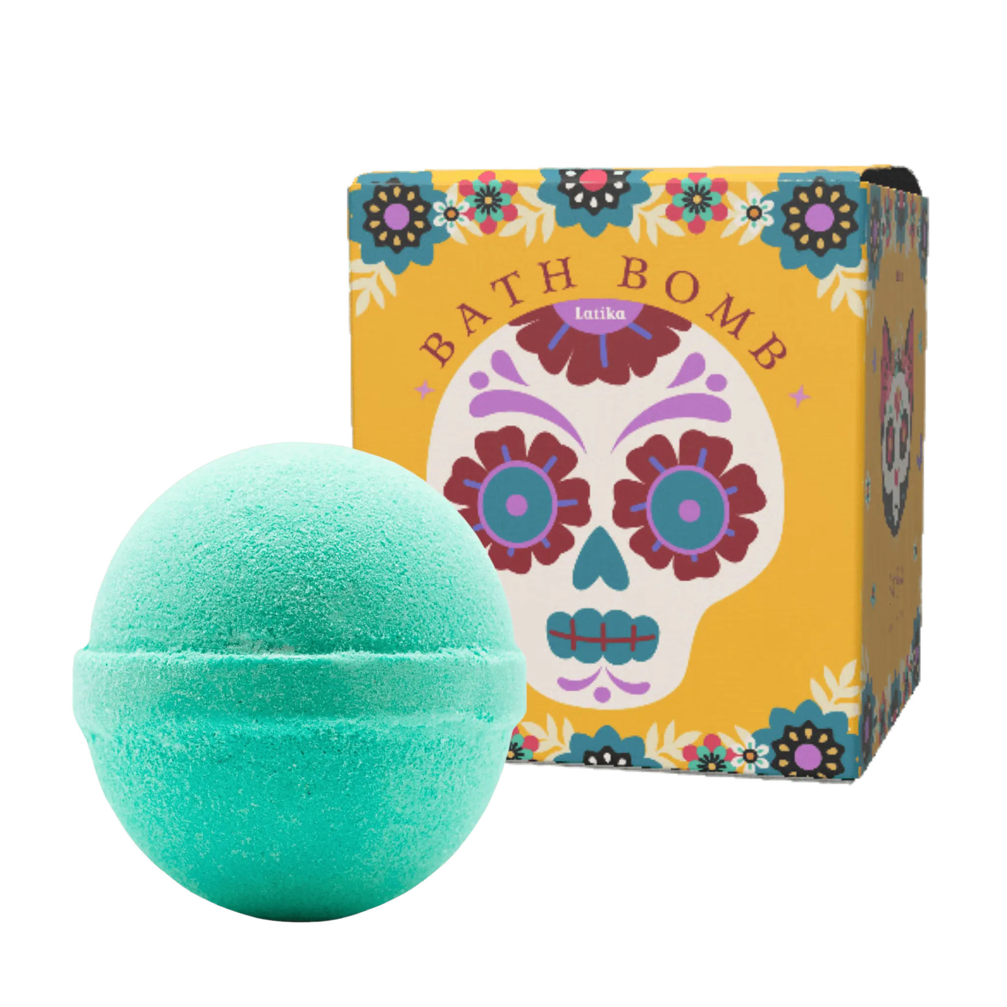 Turquoise bath bomb with colorful skull design packaging for a day of the dead theme