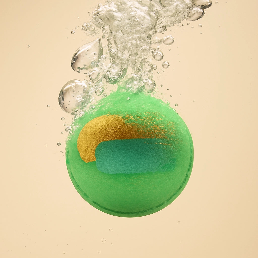 Green bath bomb with a gold accent splashing into water on a beige background