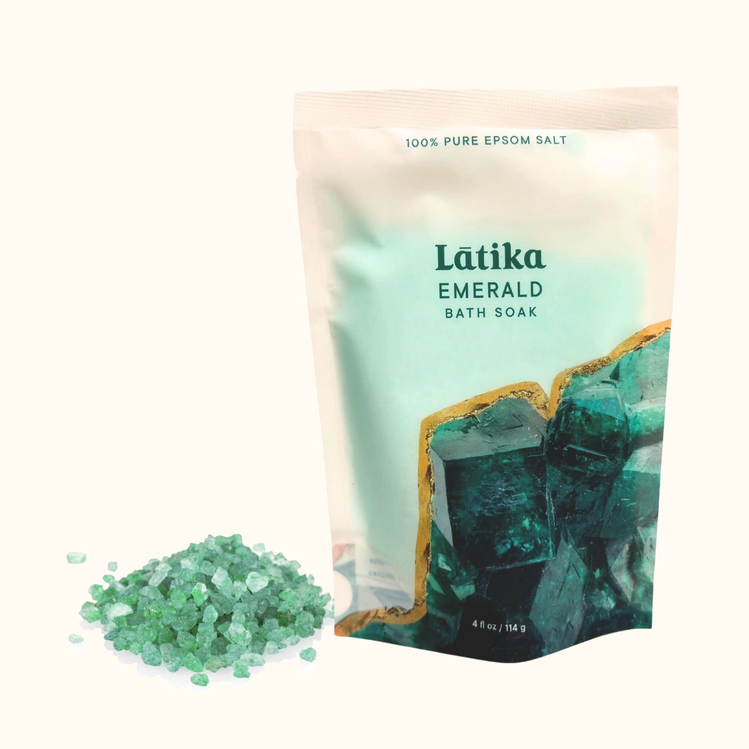 Emerald Geode Crystal Mineral Bath Soak with fresh green scent in vibrant emerald mineral color by Latika Beauty