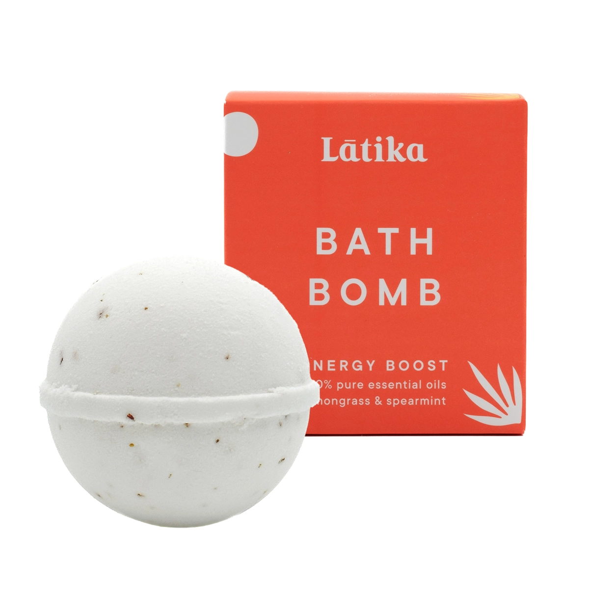 Energy Boost Aromatherapy Bath Bomb with lemongrass and spearmint essential oils, displayed next to its red packaging box